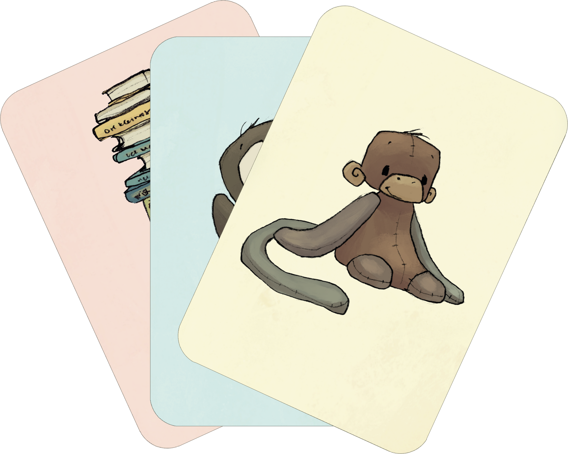 Gezeigt wird eine Innen- oder Zusatzansicht von „Anouk – Ich packe meinen Koffer“. Die Abbildung zeigt drei farbige Karten mit Illustrationen: eine rosa Karte mit einem Bücherstapel, eine hellblaue Karte mit einer kindlichen Affenzeichnung und eine beige Karte, die den Affen in einer anderen Pose darstellt. Die weichen Farben und die verspielte Typografie schaffen eine kinderfreundliche Atmosphäre. Die Illustrationen sind klar und einladend gestaltet.