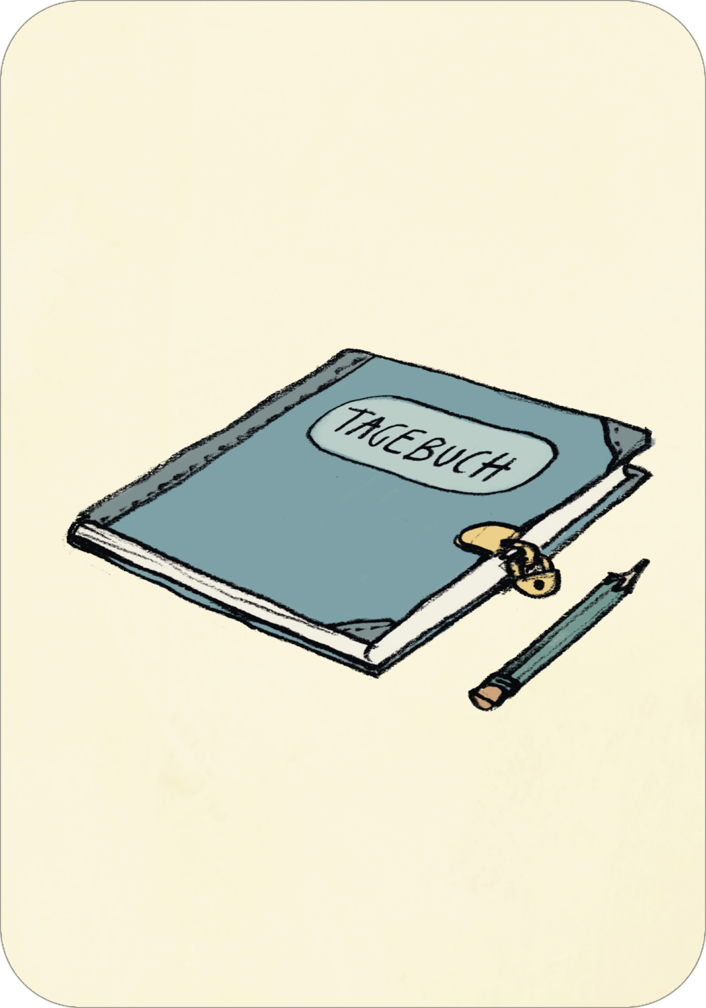 Gezeigt wird eine Innen- oder Zusatzansicht von „Anouk – Ich packe meinen Koffer“. Auf der Abbildung ist ein blaues Tagebuch mit dem handschriftlich geschriebenen Titel „Tagebuch“ zu sehen. Es liegt flach auf einem hellen, beige Hintergrund. Neben dem Tagebuch befindet sich ein grüner Bleistift. Die Linien des Tagebuchs sind dezent und verleihen dem Gesamtbild eine freundliche, einladende Ausstrahlung.