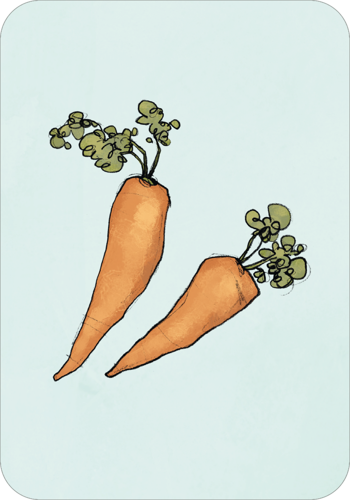 Gezeigt wird eine Innen- oder Zusatzansicht von „Anouk – Ich packe meinen Koffer“. Die Illustration zeigt zwei orangefarbene Karotten mit grünen Blättern auf einem sanft blauen Hintergrund. Die Karotten sind grob gezeichnet und vermitteln einen kindlichen, fröhlichen Stil. Die Farbgebung ist lebhaft und kontrastreich. Die Typografie ist schlicht und gut lesbar, ergänzt die Zeichnung jedoch nicht visuell.