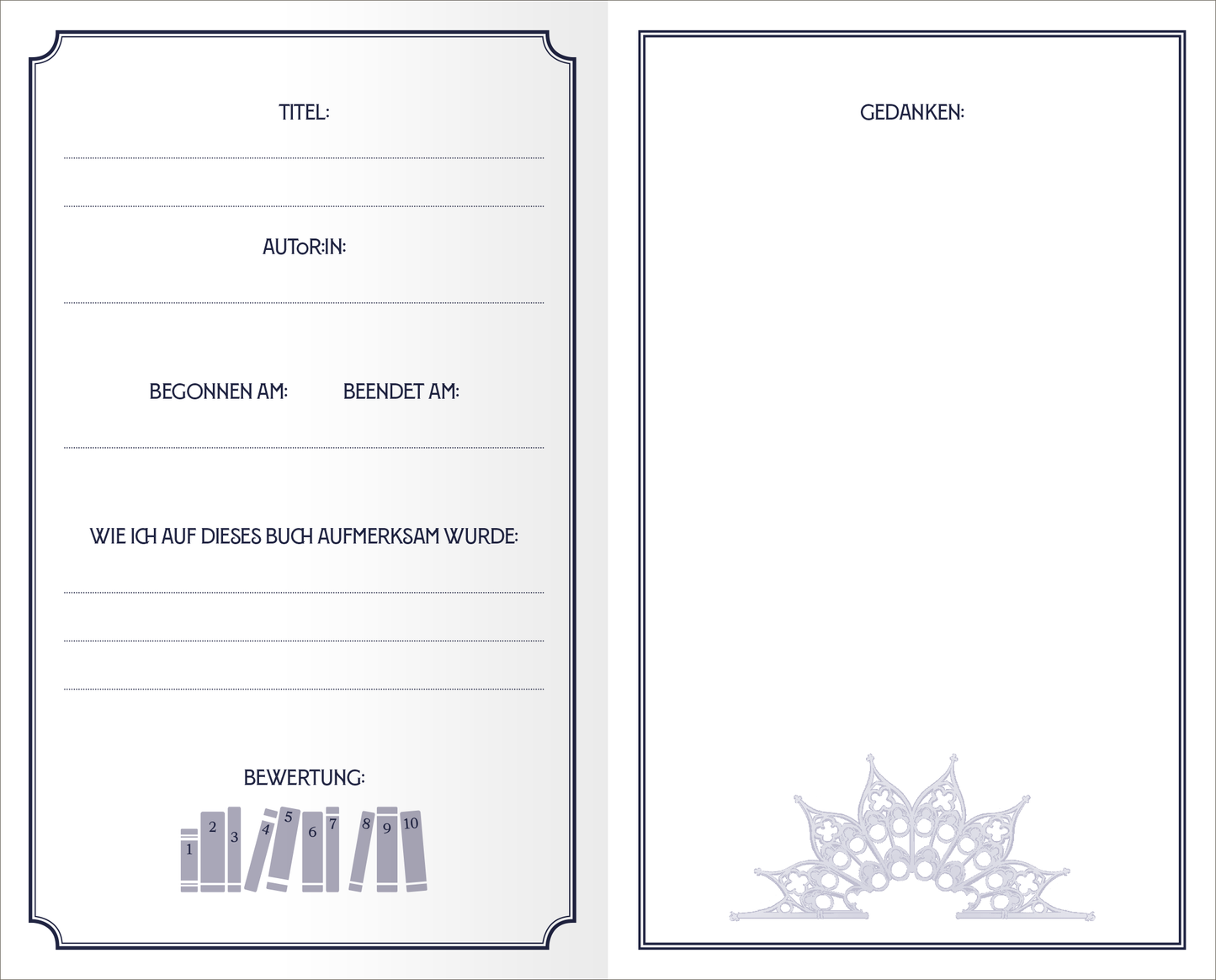 Gezeigt wird eine Innen- oder Zusatzansicht von „Mein Büchertagebuch“. Die Seite ist in sanften Farben gehalten, mit einer eleganten, schmalen Umrandung. Auf der linken Seite befinden sich mehrere Beschriftungen zum Ausfüllen, darunter „Titel“, „Autorin“ und „Begonnen am“, jeweils in klarer, gut lesbarer Schrift. Rechts ist eine leere Fläche mit der Überschrift „Gedanken“ sowie einem zarten, ornamental gestalteten Detail am unteren Rand. Die Typografie ist durchgängig...
