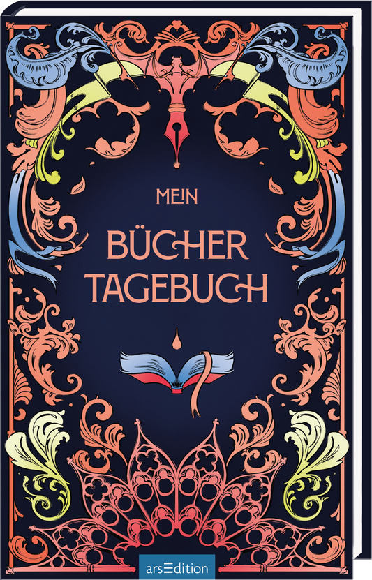Das Buchcover zeigt einen tiefblauen Hintergrund, der von eleganten, bunten Ornamenten in Orange, Gelb und Hellblau umrahmt wird. In der Mitte steht in großen, goldenen Buchstaben „MEIN BÜCHER TAGEBUCH“. Die verspielte Schriftart fügt sich harmonisch in das florale Design ein. Die lebendige Gestaltung vermittelt Kreativität und Freude am Lesen. Ganz unten mittig steht der Logoschriftzug von arsEdition.