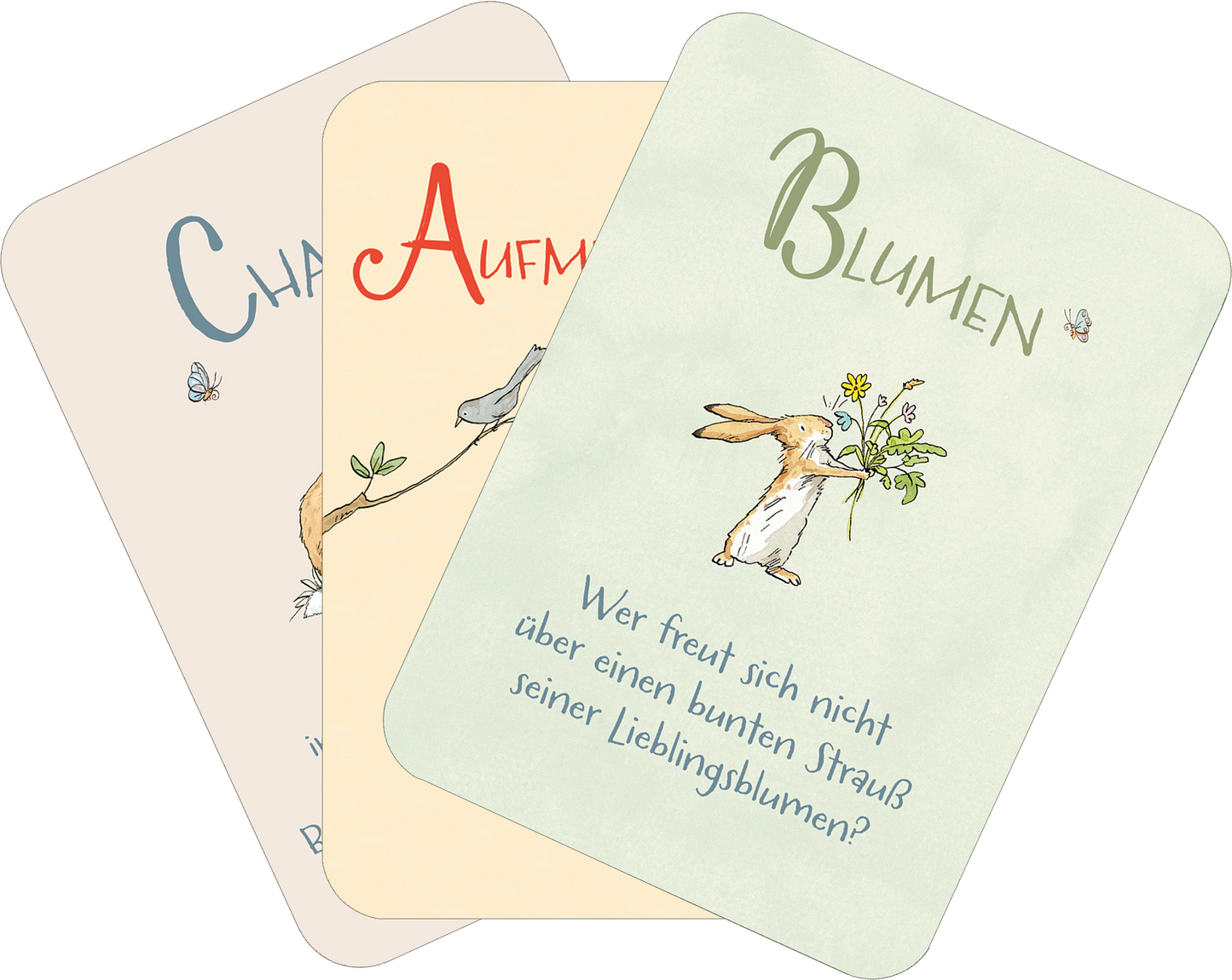 Gezeigt wird eine Innen- oder Zusatzansicht von „Weißt du eigentlich, wie lieb ich dich hab? Das kleine Liebes-ABC“. Die Ansicht zeigt drei Karten in sanften Pastellfarben: eine beige, eine hellgrüne und eine hellblau-weiße Karte. Auf jeder Karte steht ein Wort in spielerischer Typografie. Illustrationen von kleinen Tieren ergänzen die Texte, und auf der hellgrünen Karte ist ein Hase zu sehen, der Blumen hält. Ein einladendes und liebevolles Design wird vermittelt.