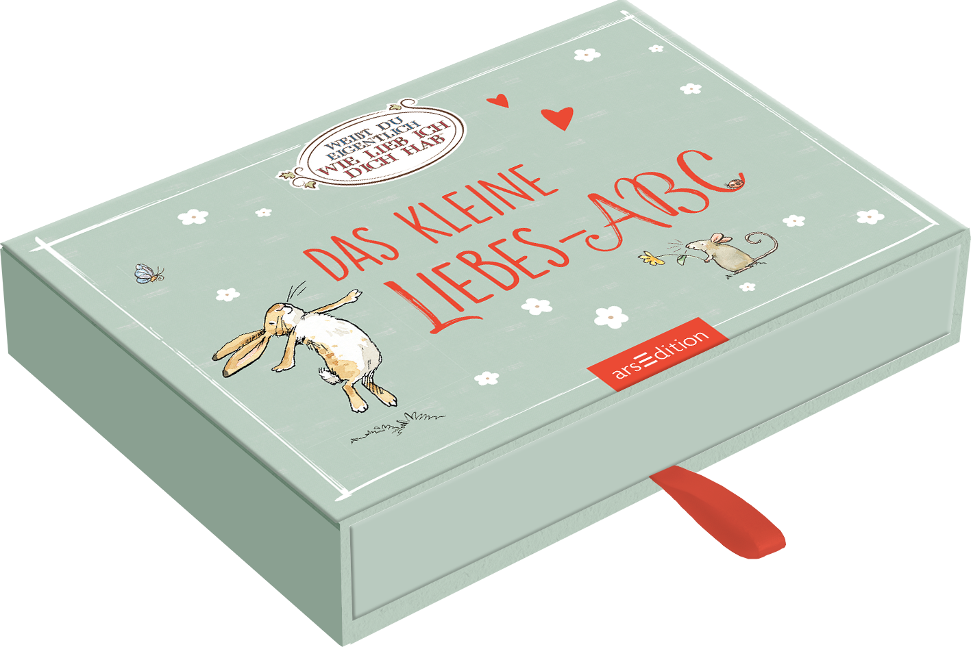 Das Cover zeigt eine sanfte, mintgrüne Farbfläche mit verspielten Illustrationen von einem Kaninchen und einer Maus, die in einer liebevollen Pose dargestellt sind. Oben ist in einer kindlichen, roten Schrift „DAS KLEINE LIEBES-ABC“ platziert. Darüber befindet sich ein ovales, weißes Banner mit dem Text „WIE VIEL DA DRIN IST, WEISST DU JA!“. Ganz unten mittig steht der Logoschriftzug von arsEdition.