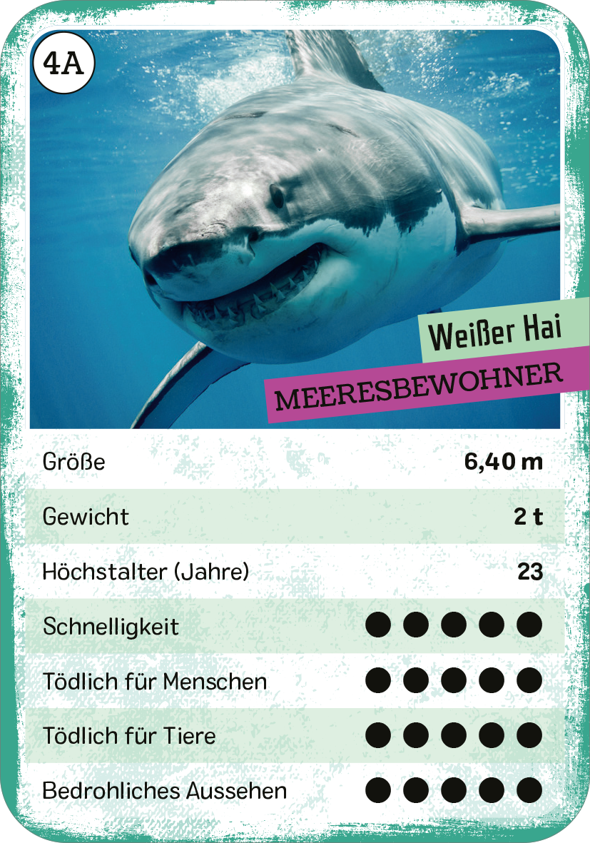 Gezeigt wird eine Innen- oder Zusatzansicht von „Das tödliche Quartett“. Die Ansicht zeigt eine farbenfrohe Spielkarte mit einem weißen Hai. Der Hintergrund ist in sanften Grüntönen gehalten. Der Hai ist detailliert abgebildet, mit einem klaren, blauen Wasserhintergrund. Oben ist der Titel „Weißer Hai“ in kräftiger Schrift und darunter die Kategorie „MEERESBEWOHNER“ in einem farbigen Banner. Auf der Karte sind verschiedene statistische Angaben in klarer Typografie aufgeführt,...