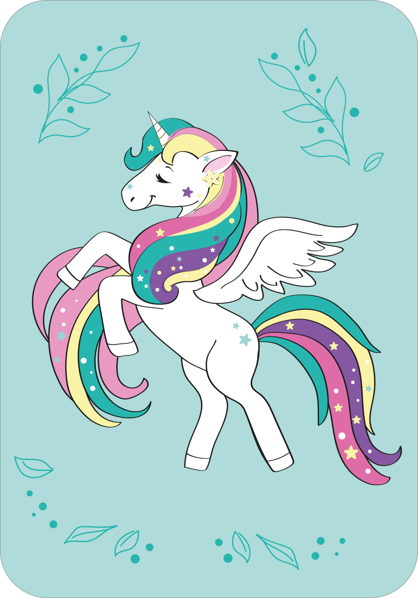 Gezeigt wird eine Innen- oder Zusatzansicht von „Schnapp dir das Einhorn!“. Das Bild zeigt ein weißes Einhorn mit einem fröhlichen Gesichtsausdruck und bunten, glänzenden Mähnen in Pastellfarben, die die Farben Rosa, Blau, Gelb und Lila enthalten. Das Einhorn hat schimmernde Flügel und steht auf einem hellblauen Hintergrund, verziert mit zarten Pflanzenmotiven. Die Typografie im Produkt ist verspielt und kinderfreundlich, was die magische Atmosphäre unterstreicht.