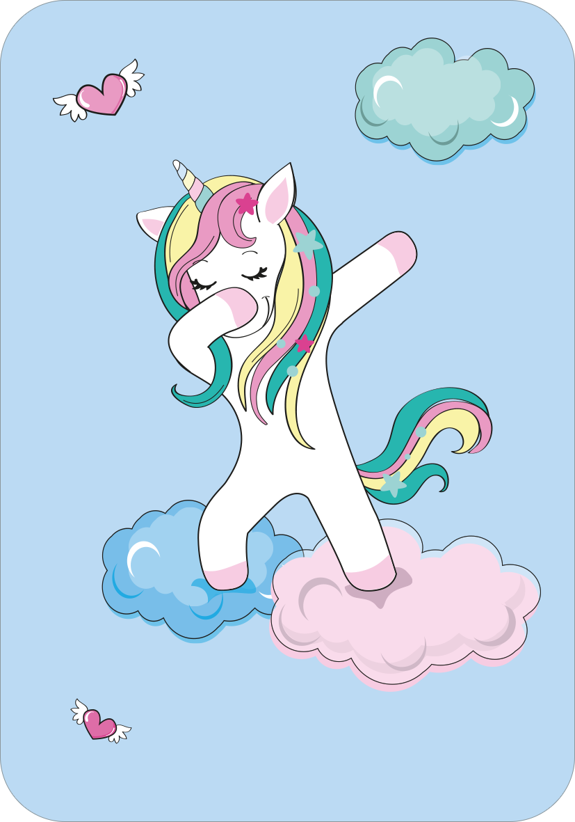 Gezeigt wird eine Innen- oder Zusatzansicht von „Schnapp dir das Einhorn!“. Das Bild zeigt ein fröhliches, weißes Einhorn mit einem bunten, langen Horn in pastellfarbenen Tönen. Es tanzt auf zwei Wolken in sanften Blau- und Rosatönen. Der Hintergrund ist hellblau, und kleine Herzen sowie Wolken runden die verspielte Atmosphäre ab. Die Schrift ist in einer verschnörkelten, kindgerechten Typografie gehalten, passend zum fantasievollen Thema des Buches.