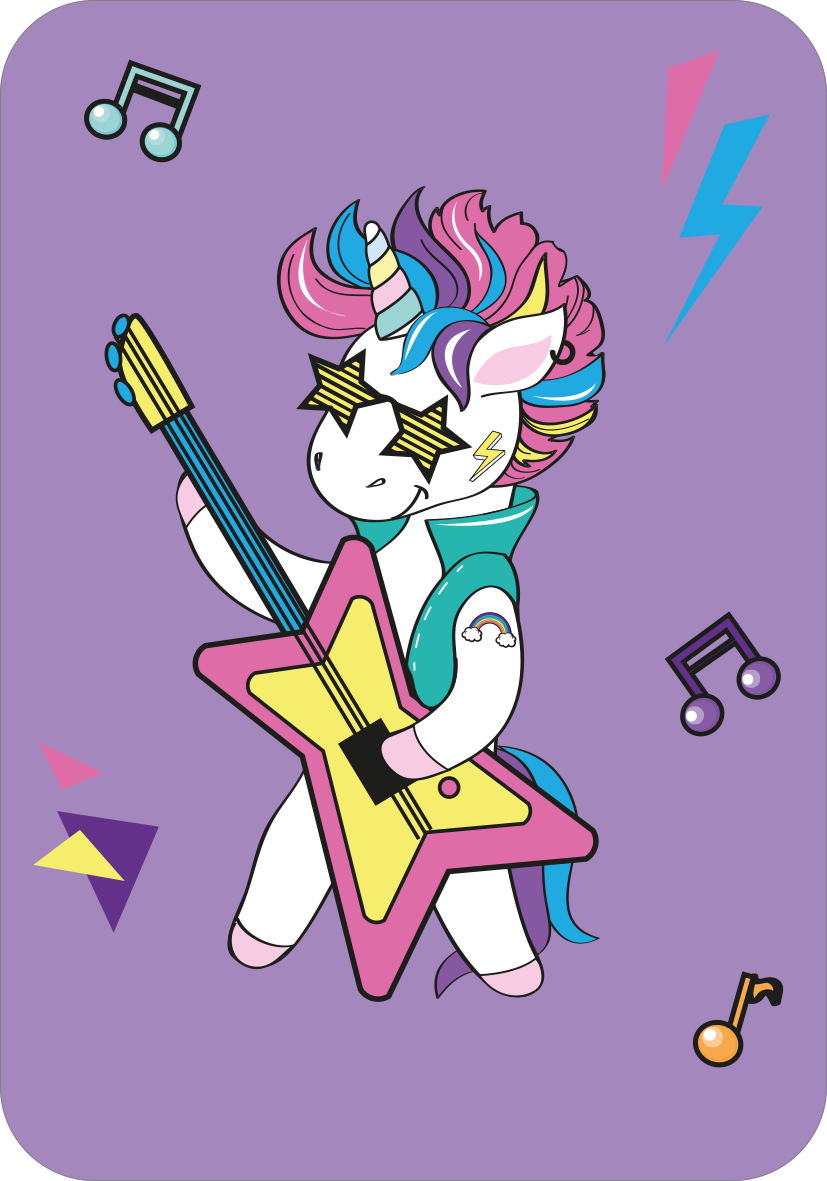 Gezeigt wird eine Innen- oder Zusatzansicht von „Schnapp dir das Einhorn!“. Das Bild zeigt ein fröhliches, stilisiertes Einhorn mit buntem, lila Hintergrund. Das Einhorn trägt Sonnenbrille und spielt eine gelbe E-Gitarre. Bunte Musiknoten und geometrische Formen in Pink und Blau umrahmen die Szene. Die Farben sind lebhaft und einladend, während die klare, kindgerechte Typografie die verspielte Atmosphäre unterstreicht.