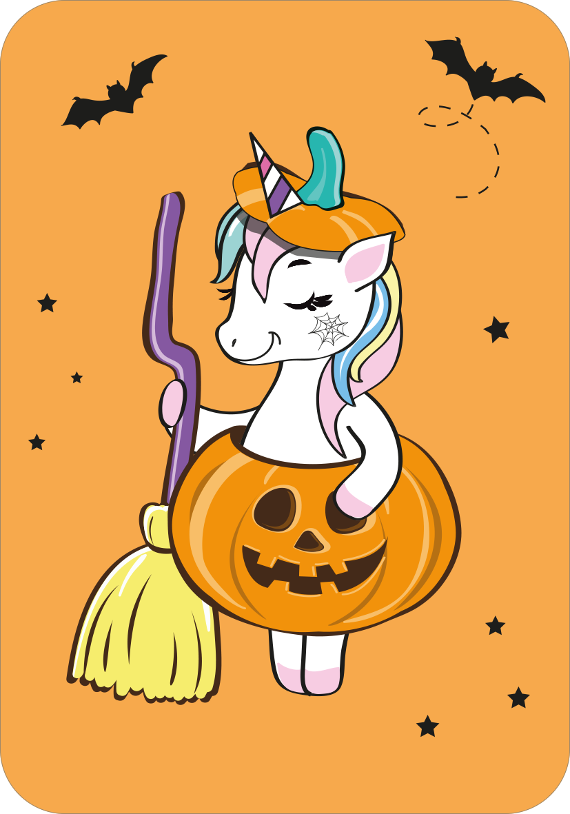 Gezeigt wird eine Innen- oder Zusatzansicht von „Schnapp dir das Einhorn!“. Die Illustration zeigt ein fröhliches Einhorn, das in einem leuchtenden orangefarbenen Kürbis mit einem grinsenden Gesicht sitzt. Es trägt einen Hexenhut und hält einen Besen in der linken Hand. Um das Einhorn sind schwarze Fledermäuse und kleine, schwarze Sterne verteilt, was eine festliche Stimmung erzeugt. Die Farbauswahl ist lebhaft und einladend, mit hellen Pastelltönen für die Mähne des Einhorns und...
