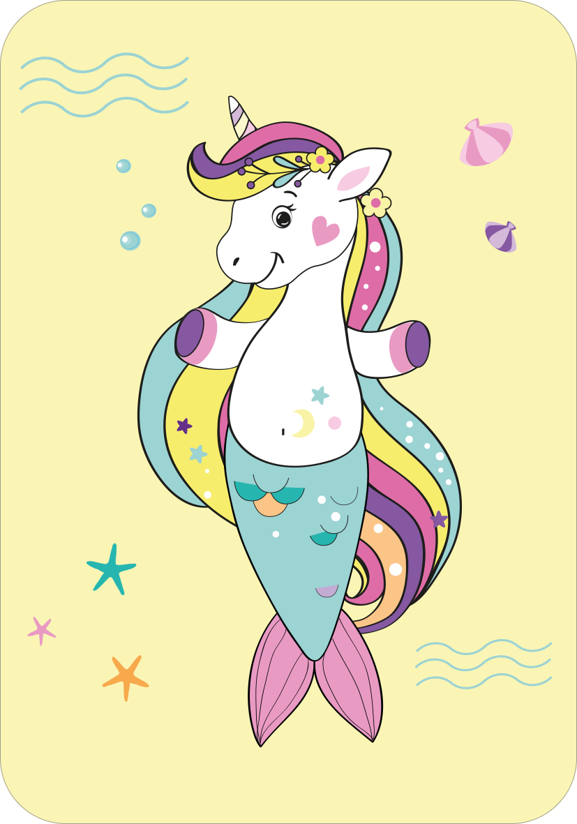 Gezeigt wird eine Innen- oder Zusatzansicht von „Schnapp dir das Einhorn!“. Die Illustration zeigt ein fröhliches Einhorn mit einem bunten, schimmernden Meerjungfrauenschwanz, das auf einem sanften, gelben Hintergrund schwimmt. Das Einhorn hat eine lila Mähne, geschmückt mit Blumen und einem lächelnden Gesichtsausdruck. Bunte Wellen und kleine Muscheln umgeben das Tier, während Sterne in unterschiedlichen Farben dezent im Hintergrund erscheinen. Die Schrift ist verspielt und...