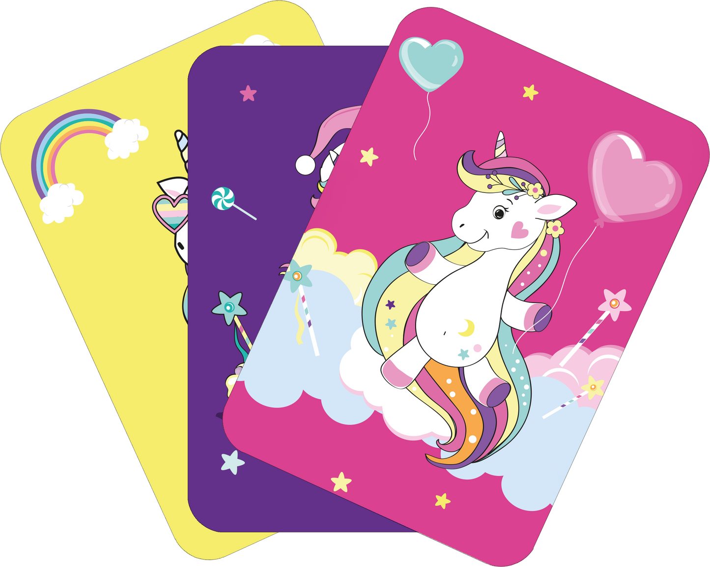 Gezeigt wird eine Innen- oder Zusatzansicht von „Schnapp dir das Einhorn!“. Die Abbildung zeigt drei Karten in leuchtenden Farben: Gelb, Lila und Rosa. Auf der rosa Karte begeistert ein fröhliches Einhorn mit buntem Schweif und Luftballons. Die gelbe Karte ziert ein Regenbogen und Süßigkeiten, während die lila Karte mit glänzenden Sternen und der Aufschrift „Magische Momente“ verziert ist. Die verspielte Typografie ergänzt das farbenfrohe Design.