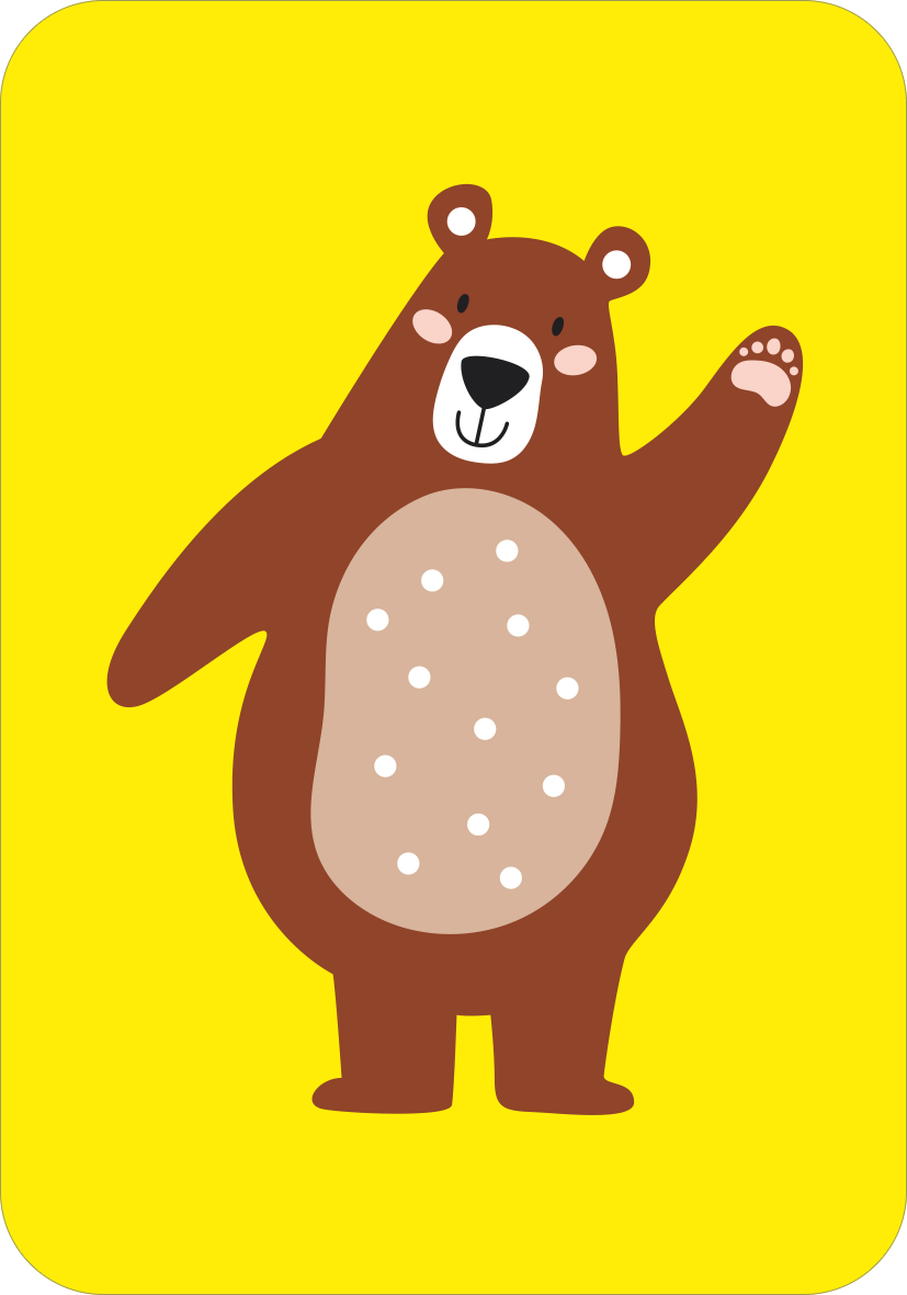 Gezeigt wird eine Innen- oder Zusatzansicht von „Schwarzer Kater“. Die Illustration zeigt einen braunen Bären mit einem runden Bauch, der farblich hellbraun ist und mit weißen Punkten übersät ist. Der Bär hebt eine Pfote zur Begrüßung und hat ein freundliches Gesicht mit einem breiten Lächeln. Der Hintergrund ist in einem leuchtenden Gelb gehalten, was eine fröhliche Atmosphäre schafft. Die verwendete Typografie ist klar und verspielt, passend zur verspielten Darstellung des...