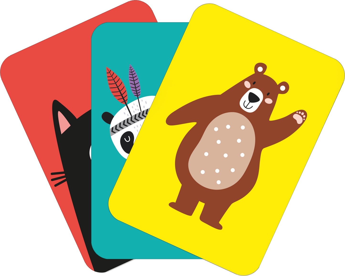 Gezeigt wird eine Innen- oder Zusatzansicht von „Schwarzer Kater“. Die Ansicht zeigt drei Karten, jeweils in unterschiedlichen Farben: eine rote, eine türkise und eine gelbe. Auf der roten Karte befindet sich eine stilisierte schwarze Katze, die türkise Karte zeigt ein niedliches Tier mit Federn, und die gelbe Karte ist mit einem charmanten Bärenillustration verziert. Die Typografie ist kindgerecht und lebhaft, ergänzt durch ein fröhliches, ansprechendes Design.