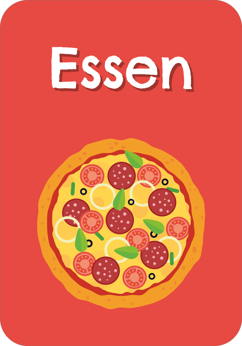 Gezeigt wird eine Innen- oder Zusatzansicht von „Stadt, Land, Fluss“. Der Hintergrund ist in einem kräftigen Rot gehalten, darüber prangt in großen, weißen Buchstaben das Wort „Essen“. In der Mitte des Bildes befindet sich eine stilisierte, farbenfrohe Darstellung einer Pizza, die mit verschiedenen Zutaten wie Peperoni, Oliven und frischem Basilikum belegt ist. Die klare Typografie und die lebendigen Farben schaffen eine einladende und ansprechende Optik.