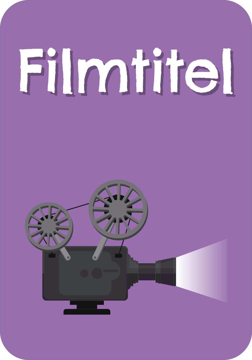 Gezeigt wird eine Innen- oder Zusatzansicht von „Stadt, Land, Fluss“. Der Hintergrund ist lila und enthält einen stilisierten Projektor mit Filmrollen, der nach rechts leuchtet. Der Titel „Filmtitel“ ist in großen, unregelmäßigen Buchstaben in Weiß angeordnet und wird von einem dritten, verspielten Schriftstilelement umgeben. Die insgesamt fröhliche und einladende Gestaltung spricht eine breite Zielgruppe an.