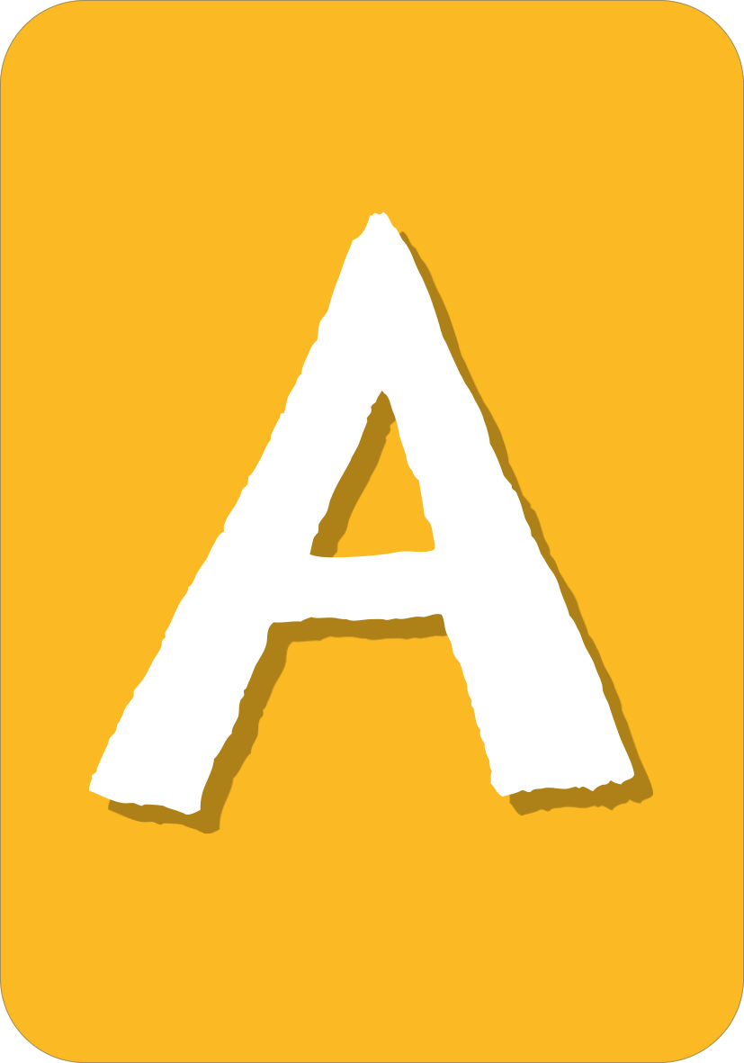 Gezeigt wird eine Innen- oder Zusatzansicht von „Stadt, Land, Fluss“. Auf einem leuchtend gelben Hintergrund steht ein großformatiger, stilisierter Buchstabe „A“ in Weiß. Die Buchstaben zeigen eine rustikale Schriftart mit unregelmäßigen Kanten, die eine handgemachte Anmutung vermittelt. Der Kontrast zwischen dem Gelb und dem Weiß sorgt für eine gute Lesbarkeit und visuelle Klarheit, was zur Benutzerfreundlichkeit beiträgt.