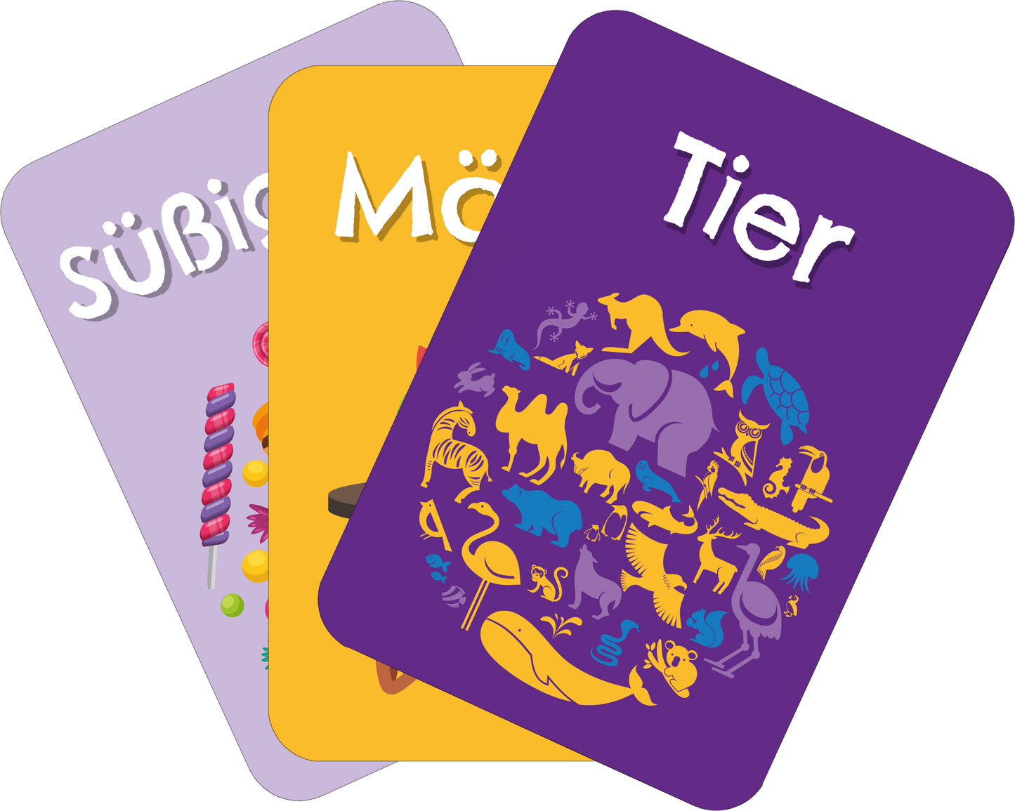 Gezeigt wird eine Innen- oder Zusatzansicht von „Stadt, Land, Fluss“. Die Ansicht zeigt drei farbige Karten. Die linke Karte ist lila mit bunten Süßigkeiten und dem Wort „Süßigkeiten“ in weißer Schrift. Die mittlere Karte ist gelb und trägt das Wort „Möhren“ in ebenfalls weißer Schrift. Die rechte Karte ist in einem kräftigen Violett gehalten und zeigt eine Vielzahl von Tieren um das Wort „Tier“, das in großer, auffälliger Schrift platziert ist.