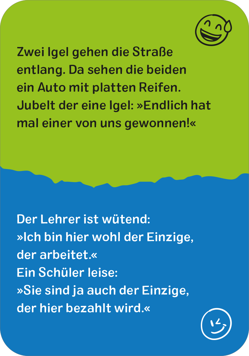Gezeigt wird eine Innen- oder Zusatzansicht von „Bloß nicht lachen!“. Die Darstellung zeigt eine zweigeteilte Fläche: Die obere Hälfte ist in einem frischen Grün gehalten, während die untere Hälfte in einem kräftigen Blau erscheint. In der Mitte befinden sich humorvolle Textpassagen, die in klarer, gut lesbarer Schriftart in Weiß und Schwarz erscheinen. Oben ist ein lächelndes Emoticon abgebildet, das die fröhliche Stimmung des Inhalts unterstreicht.