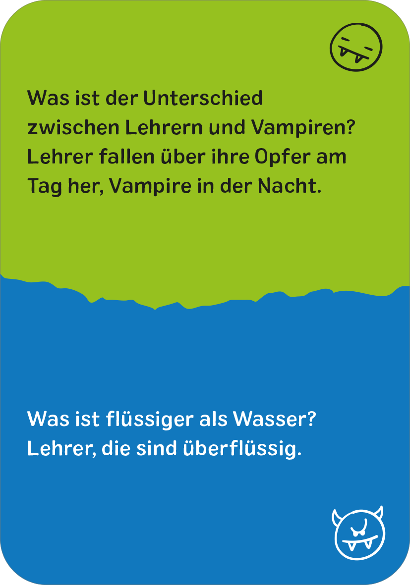 Gezeigt wird eine Innen- oder Zusatzansicht von „Bloß nicht lachen!“. Die Karte hat einen zweifarbigen Hintergrund, oben leuchtet ein helles Grün und unten ein kräftiges Blau. In schwarzer, gut lesbarer Schrift stehen zwei humorvolle Fragen mit zugehörigen Antworten. Die Schriftart ist modern und klar. In der rechten unteren Ecke befindet sich eine kleine, grafische Cartoonfigur mit einem schelmischen Gesichtsausdruck.