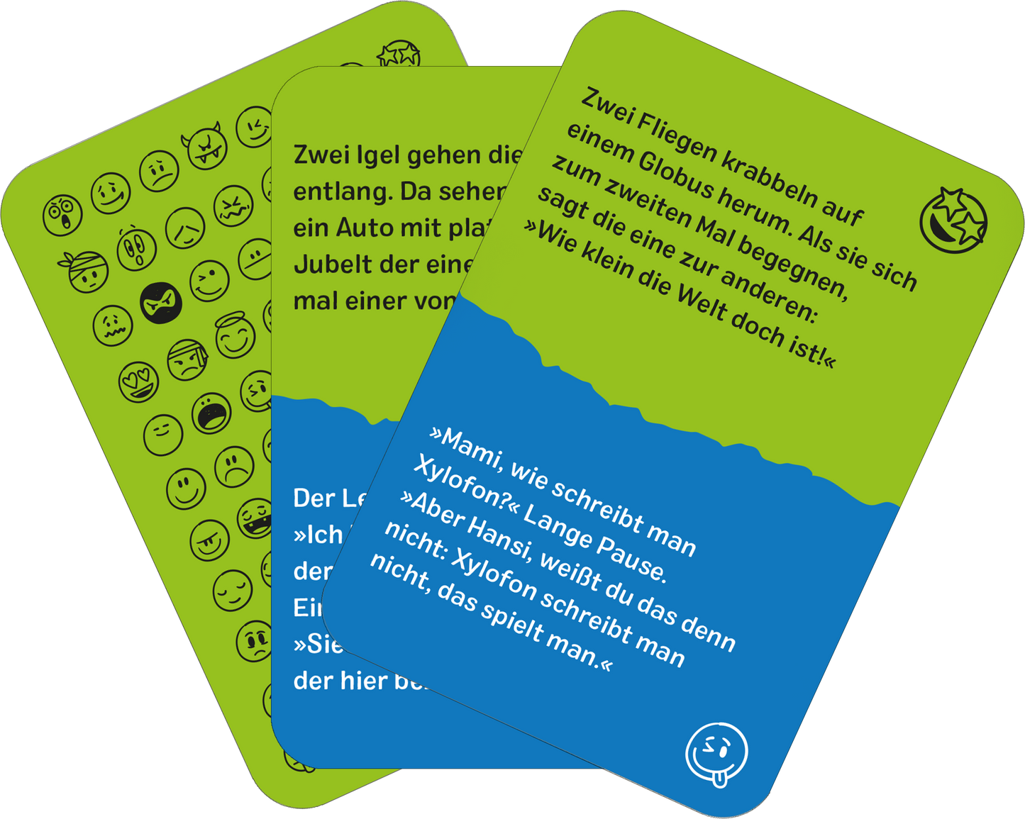 Gezeigt wird eine Innen- oder Zusatzansicht von „Bloß nicht lachen!“. Die Karten zeigen eine lebendige Farbenvielfalt mit dominierenden Grüntönen, Blau und gelbem Hintergrund. Auf den Karten sind humorvolle, kurze Textausschnitte in klarer, lesbarer Typografie dargestellt. Grafische Elemente und Emojis ergänzen die Texte, während die Illustrationen die Leichtigkeit und den Spaß des Spiels betonen. Die Anordnung der Karten wirkt ansprechend und verspielt.