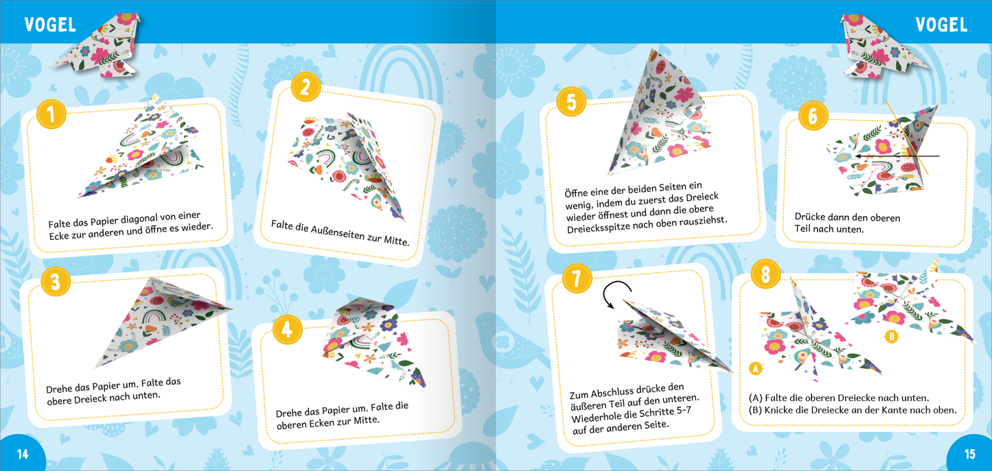 Gezeigt wird eine Innen- oder Zusatzansicht von „Frühlings-Origami“. Die Doppelseite präsentiert die Anleitung zum Falten eines Origami-Vogels. Auf einem sanften blauen Hintergrund sind abwechslungsreiche, bunte Motive aus floralen und tierischen Elementen zu sehen. Die Schritte sind klar gegliedert und in großen, lesbaren, hellen Schriftarten dargestellt. Jedes Faltblatt ist nummeriert und visuell hervorgehoben, um die einzelnen Schritte deutlich voneinander zu unterscheiden.