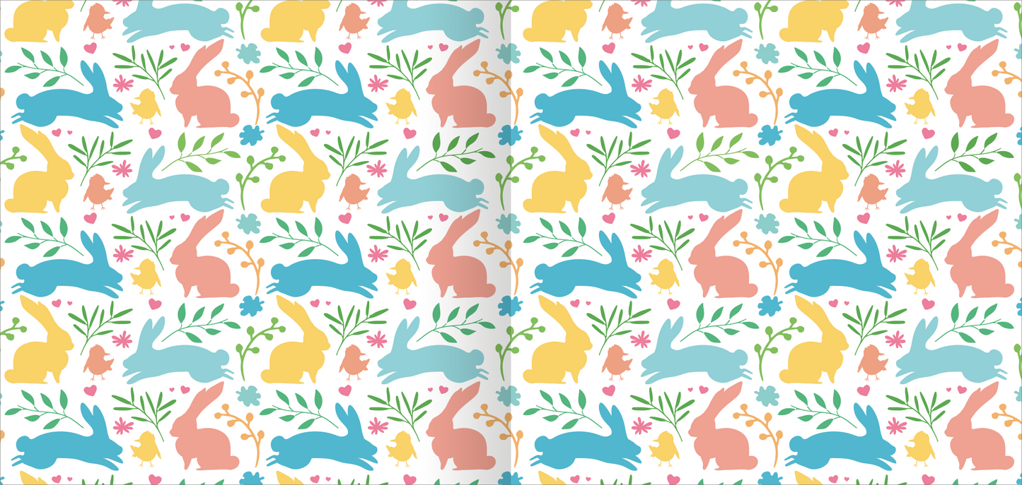 Gezeigt wird eine Innen- oder Zusatzansicht von „Frühlings-Origami“. Das Design zeigt eine lebendige Anordnung von stilisierten Hasen in verschiedenen Farben wie Blau, Rosa, Gelb und Orange, umgeben von grünen Pflanzenmotiven und bunten Blumen. Die sanften Formen sind harmonisch angeordnet und strahlen Freude und Frühlingsfrische aus. Die Typografie ist verspielt und passt stilistisch zur fröhlichen Farbpalette.