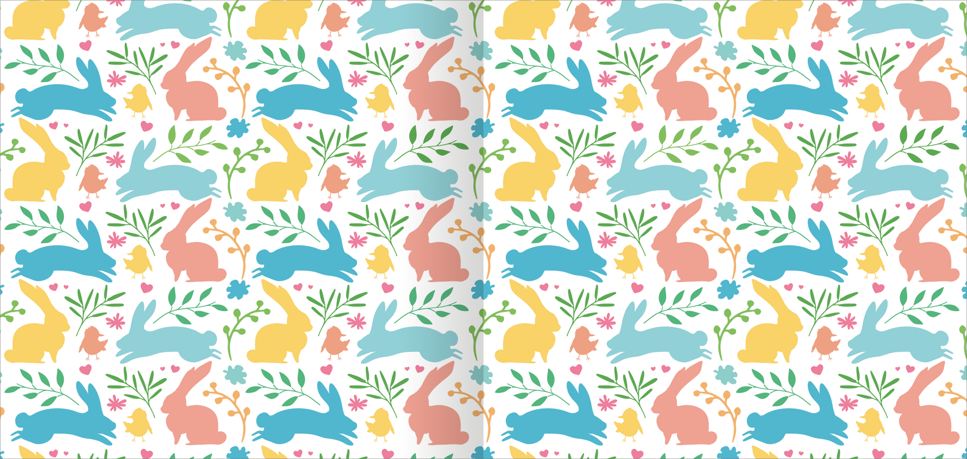 Gezeigt wird eine Innen- oder Zusatzansicht von „Frühlings-Origami“. Das Design zeigt eine lebendige Anordnung von stilisierten Hasen in verschiedenen Farben wie Blau, Rosa, Gelb und Orange, umgeben von grünen Pflanzenmotiven und bunten Blumen. Die sanften Formen sind harmonisch angeordnet und strahlen Freude und Frühlingsfrische aus. Die Typografie ist verspielt und passt stilistisch zur fröhlichen Farbpalette.