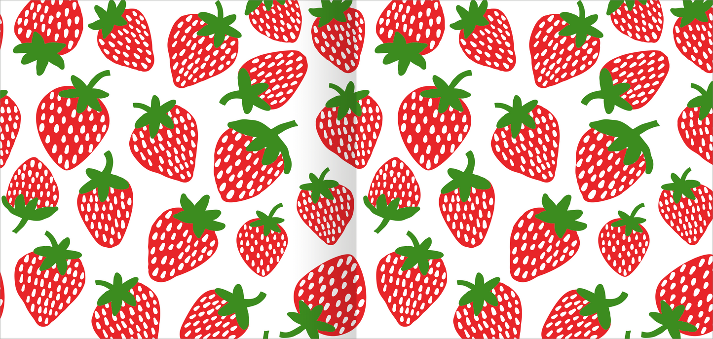 Gezeigt wird eine Innen- oder Zusatzansicht von „Frühlings-Origami“. Die Darstellung zeigt ein lebhaftes Muster aus roten Erdbeeren mit grünen Blättern auf einem weißen Hintergrund. Die Erdbeeren sind in verschiedenen Positionen und Größen angeordnet, wobei die glatte, gepunktete Oberfläche den verspielten Charakter unterstreicht. Die Farbwahl vermittelt Frische und Freude und ist ideal für frühlingshafte Bastelprojekte.