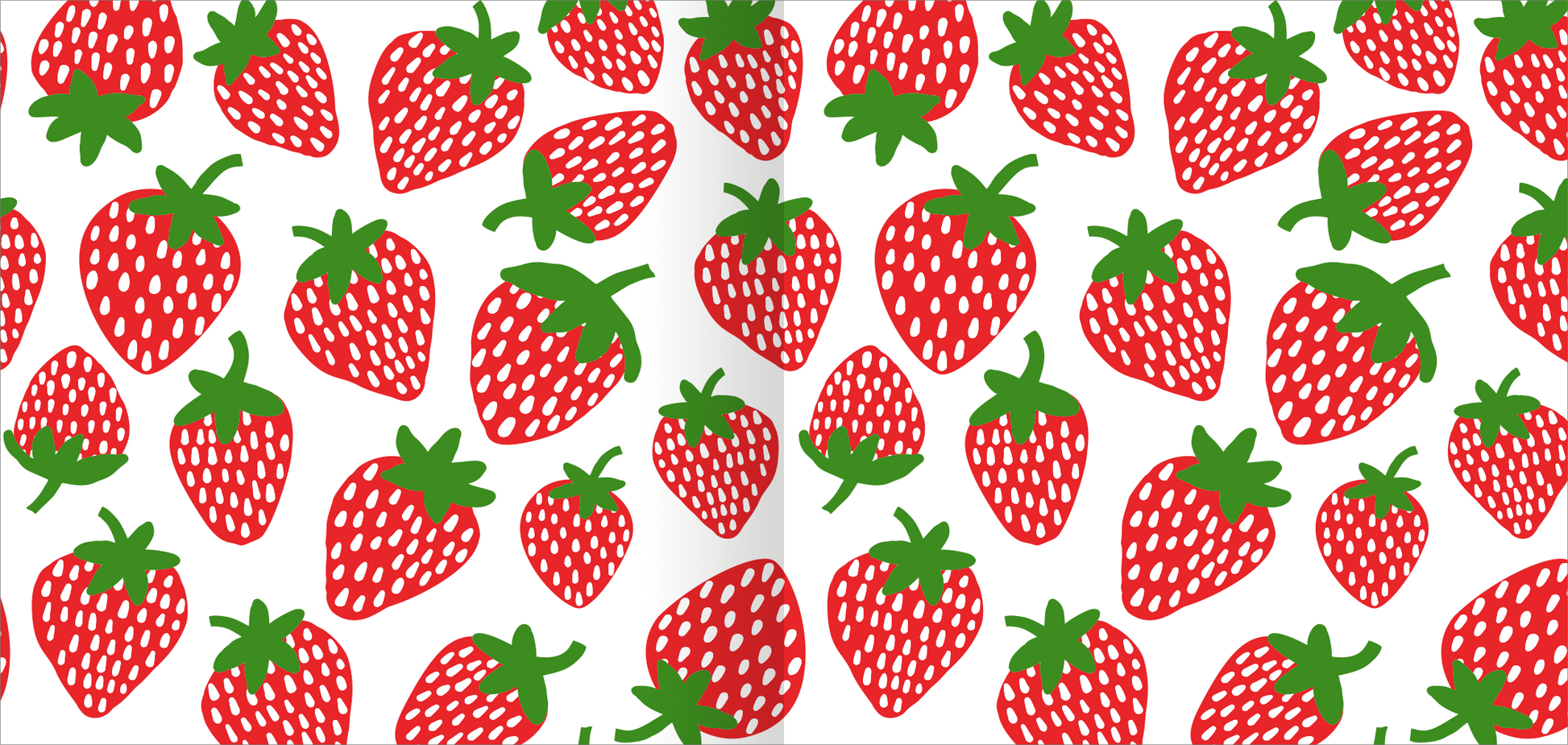 Gezeigt wird eine Innen- oder Zusatzansicht von „Frühlings-Origami“. Die Darstellung zeigt ein lebhaftes Muster aus roten Erdbeeren mit grünen Blättern auf einem weißen Hintergrund. Die Erdbeeren sind in verschiedenen Positionen und Größen angeordnet, wobei die glatte, gepunktete Oberfläche den verspielten Charakter unterstreicht. Die Farbwahl vermittelt Frische und Freude und ist ideal für frühlingshafte Bastelprojekte.