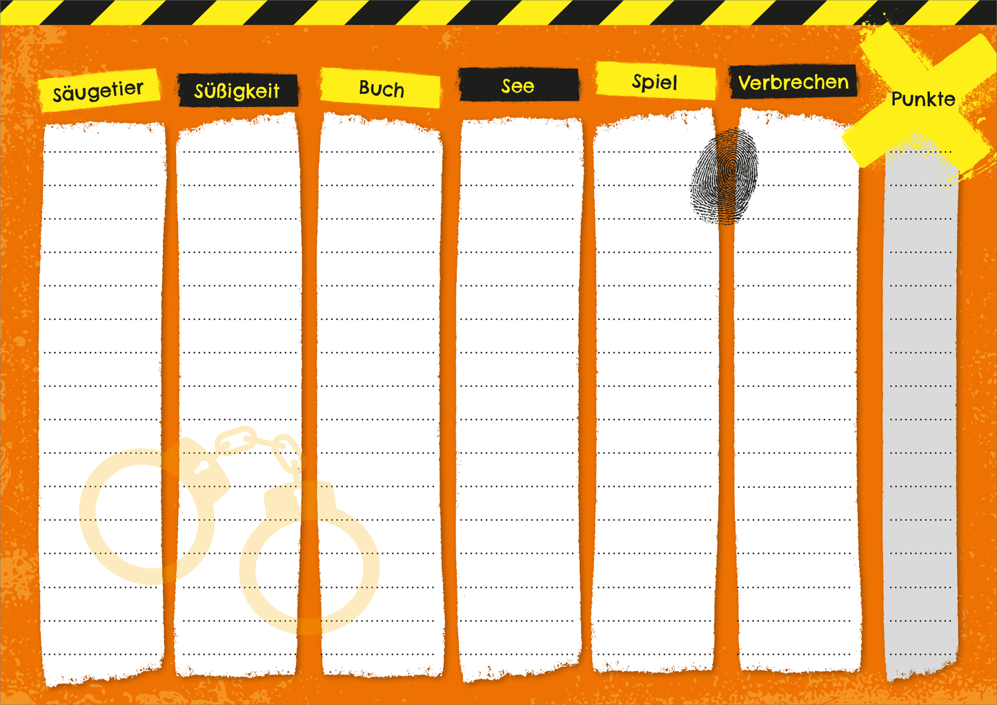 Gezeigt wird eine Innen- oder Zusatzansicht von „Stadt, Land, gefährlich!“. Der Hintergrund ist in einem leuchtenden Orange gehalten, ergänzt durch schwarze und gelbe Streifen am oberen Rand. Sechs Kästen mit Überschriften wie „Säugetier“, „Süßigkeit“ und „Verbrechen“ sind prominent angeordnet. Diese Kästen sind leer und bieten Platz für Notizen. Die typografische Gestaltung ist klar und verspielt, unterstützt durch grafische Elemente wie ein Fahrrad und...