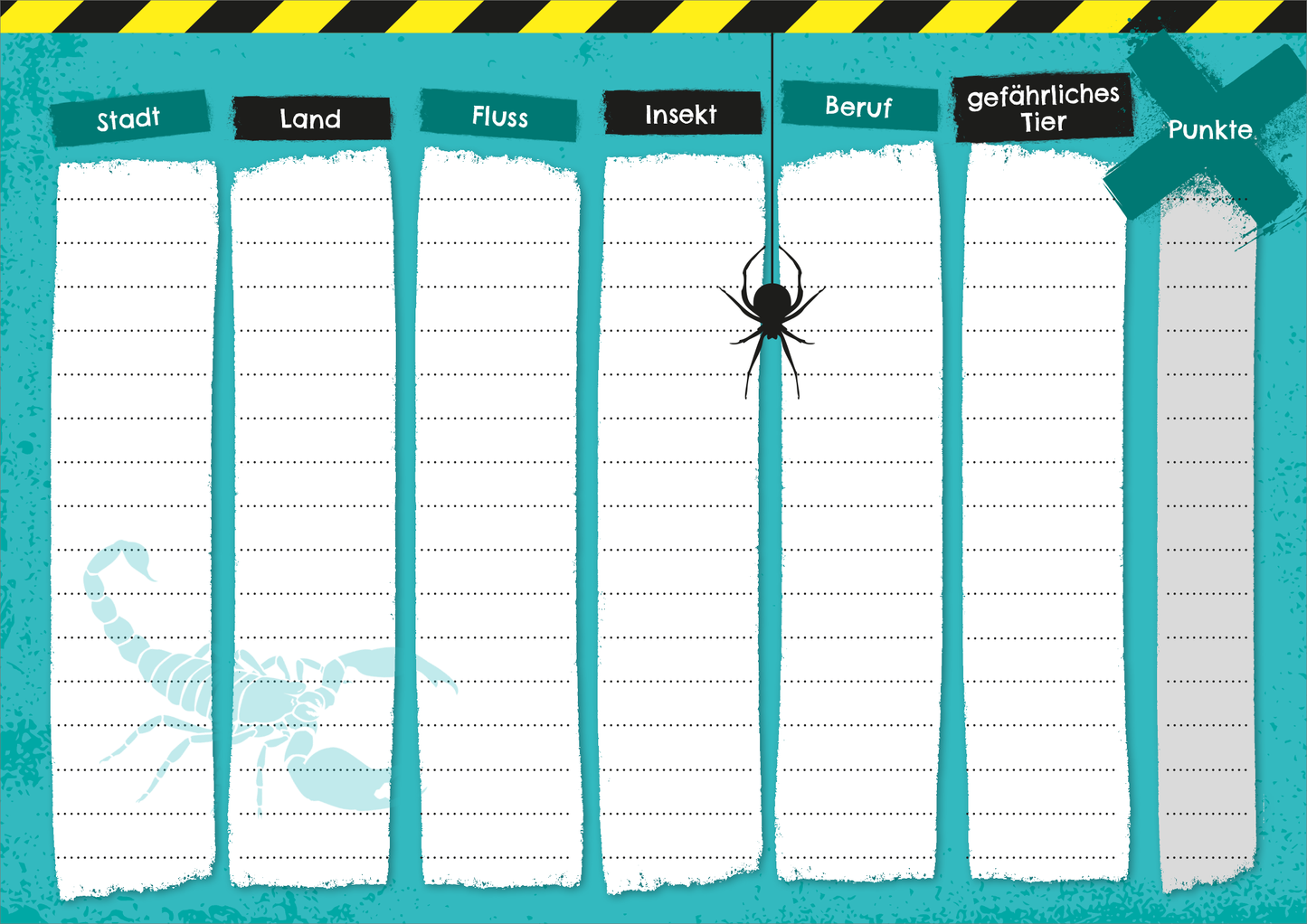 Gezeigt wird eine Innen- oder Zusatzansicht von „Stadt, Land, gefährlich!“. Der Hintergrund ist in einem kräftigen Blau gehalten, mit einem gelben und schwarzen Warnstreifen oben. Mittig befinden sich fünf breite, leere Felder mit einer weißen Linie für handschriftliche Eintragungen. Die Überschriften „Stadt“, „Land“, „Fluss“, „Insekt“, „Beruf“ und „gefährliches Tier“ sind in fetter, schwarzer Schrift gestaltet. In dem linken Feld ist eine helle Silhouette...