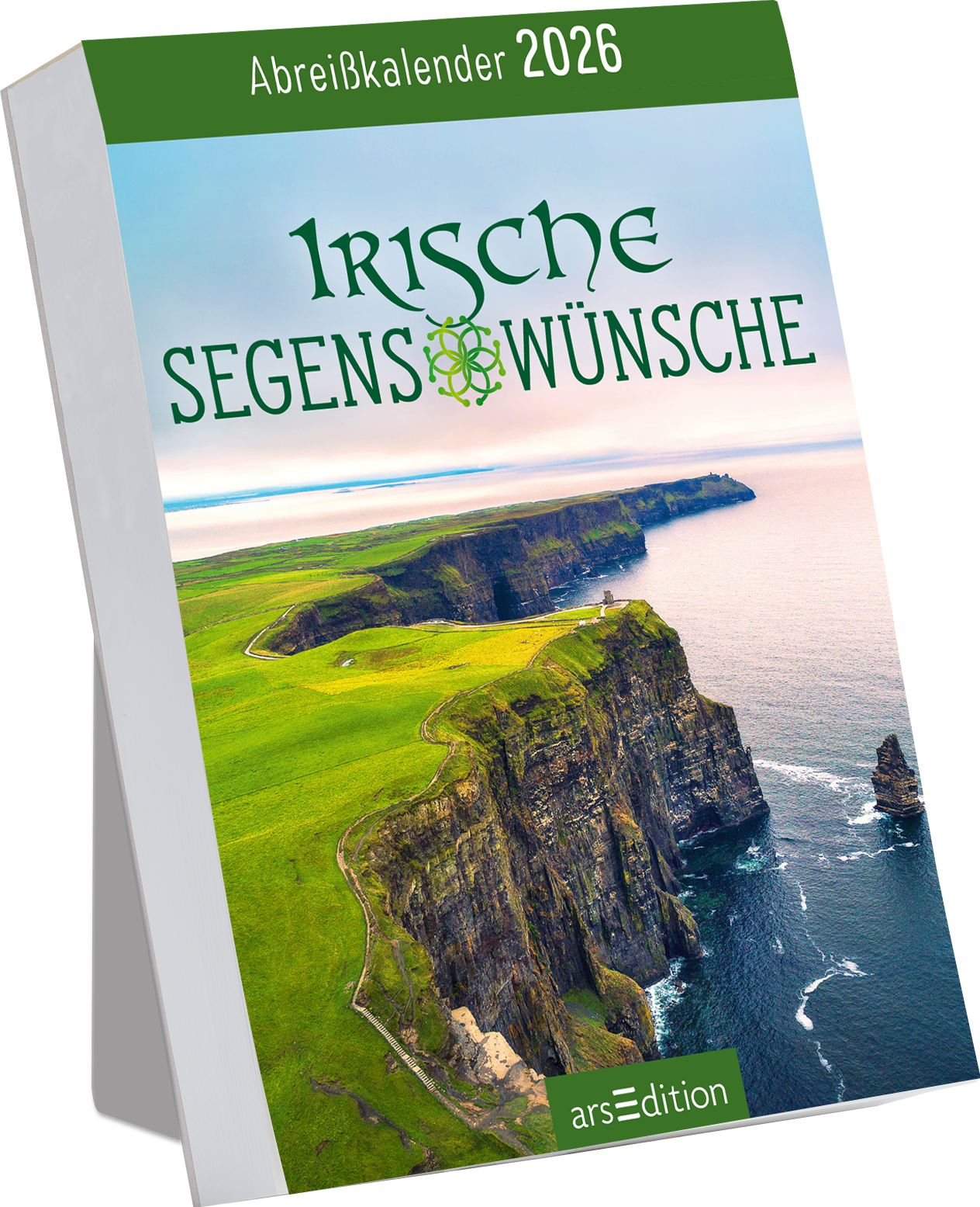 Das Buchcover zeigt eine beeindruckende Küstenlandschaft mit steilen Klippen und einer grünen Wiese im Vordergrund. Über dem Bild steht der Titel „Irische Segenswünsche“ in eleganter, geschwungener Schrift. Die Hauptfarben sind sanfte Grüntöne und helle Blautöne des Himmels und des Wassers. Ganz unten mittig steht der Logoschriftzug von arsEdition.