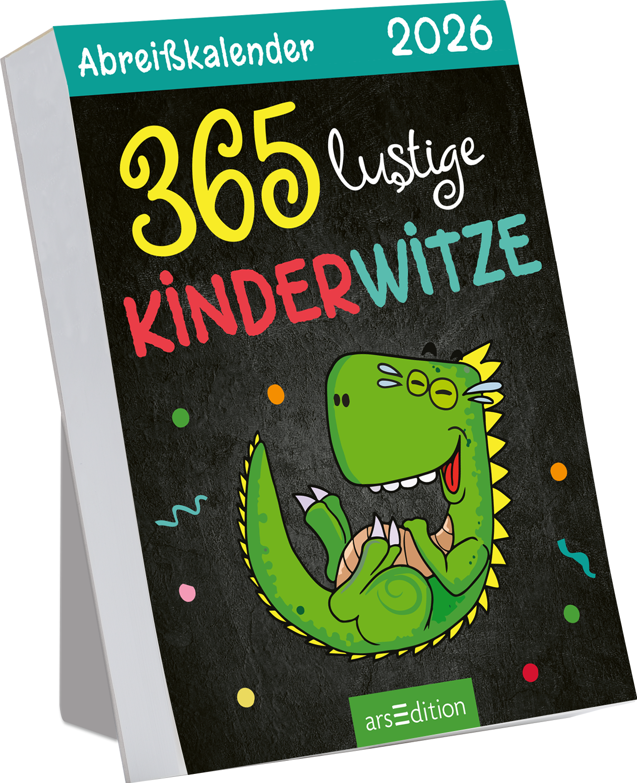 Das Buchcover zeigt einen dunkelgrauen Hintergrund, auf dem ein lächelnder, grüner Dinosaurier fröhlich auf dem Rücken liegt. Der Titel „365 lustige KINDERWITZE“ leuchtet in großen, bunten Lettern: „365“ in Gelb und „ludige“ in Weiß, während „KINDERWITZE“ in Türkisfarben dargestellt ist. Bunte Punkte schmücken den Hintergrund und verleihen dem Cover eine verspielte Atmosphäre. Oben links ist der Titel „Abreißkalender 2026“ in Türkis zu sehen. Ganz unten mittig...