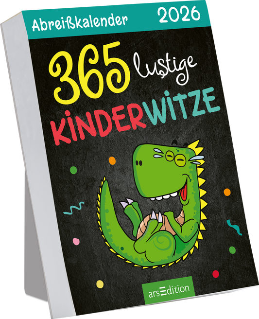 Das Buchcover zeigt einen dunkelgrauen Hintergrund, auf dem ein lächelnder, grüner Dinosaurier fröhlich auf dem Rücken liegt. Der Titel „365 lustige KINDERWITZE“ leuchtet in großen, bunten Lettern: „365“ in Gelb und „ludige“ in Weiß, während „KINDERWITZE“ in Türkisfarben dargestellt ist. Bunte Punkte schmücken den Hintergrund und verleihen dem Cover eine verspielte Atmosphäre. Oben links ist der Titel „Abreißkalender 2026“ in Türkis zu sehen. Ganz unten mittig...