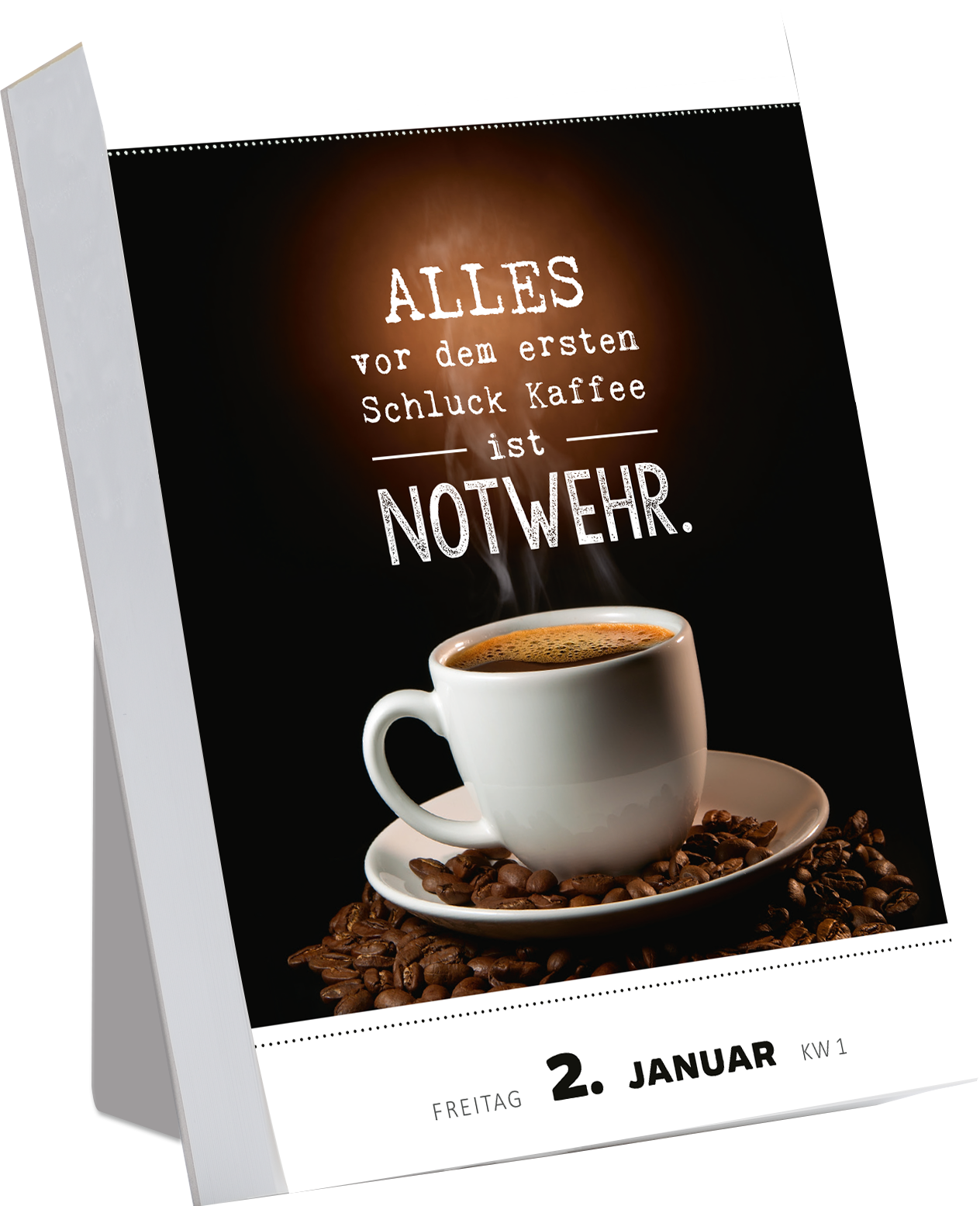 Gezeigt wird eine Innen- oder Zusatzansicht von „Abreißkalender Was du heute kannst entkorken, das verschiebe nicht auf morgen. 2026“. Die Ansicht zeigt eine beeindruckende Darstellung eines Kaffeetasse auf einer Untertasse, umgeben von Kaffeebohnen. Auf dunklem Hintergrund steht der Schriftzug „ALLES vor dem ersten Schluck Kaffee ist NOTWEHR.“ in kräftiger, verspielter Typografie. Die Farbgestaltung ist kontrastreich mit einem Fokus auf weiß und braun, was eine gemütliche,...