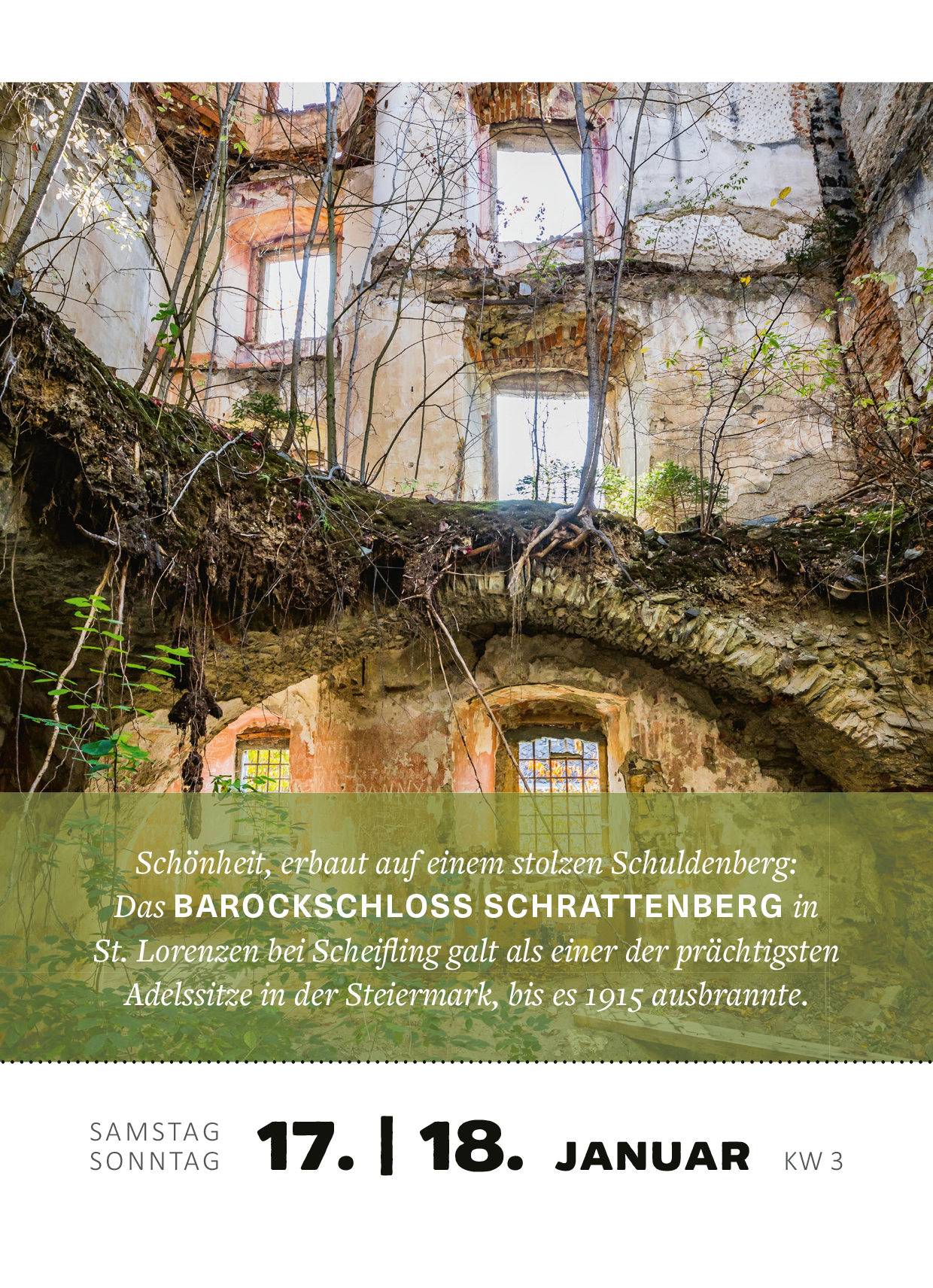 Gezeigt wird eine Innen- oder Zusatzansicht von „Abreißkalender Lost Places 2026“. Der Kalender zeigt eine aufwendig gestaltete Abbildung des Barockschlosses Schrattenberg, das von verwilderten Pflanzen umgeben ist. Die Wände sind brüchig und die Fensteröffnungen lassen Licht in den Raum strömen. Die Typografie in geschwungenem Schriftstil hebt den Titel und das Datum, den 17. und 18. Januar, hervor. Die Farben sind erdig mit sanften Grüntönen und warmen Beige-, Braun- und...