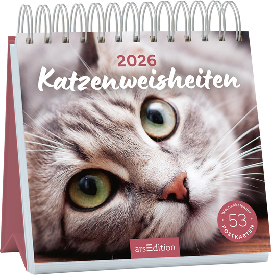 Auf dem Buchcover „Katzenweisheiten 2026“ ist das Nahaufnahme eines grauen Katzenkopfes mit großen, grünen Augen abgebildet. Der Titel in geschwungener, weißer Schrift hebt sich sanft vom Hintergrund ab, der in warmen, neutralen Farben gehalten ist. Oben links steht die Jahreszahl „2026“. Unten rechts ist ein runder Button mit dem Text „53 Postkarten“ zu sehen. Ganz unten mittig steht der Logoschriftzug von arsEdition.