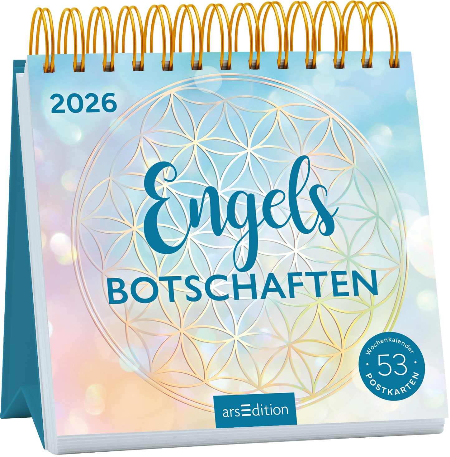 Das Buchcover zeigt einen spiralförmigen, goldenen Ring, der einen sanft farbverlaufenden Hintergrund in zartblauen und rosafarbenen Tönen umrahmt. Im Zentrum steht der Titel „Engels Botschaften“ in eleganter, geschwungener Schrift in tiefblau. Darüber ist das Jahr „2026“ in heller Schrift platziert. Ein button in der unteren rechten Ecke erklärt „53 Postkarten“. Ganz unten mittig steht der Logoschriftzug von arsEdition.