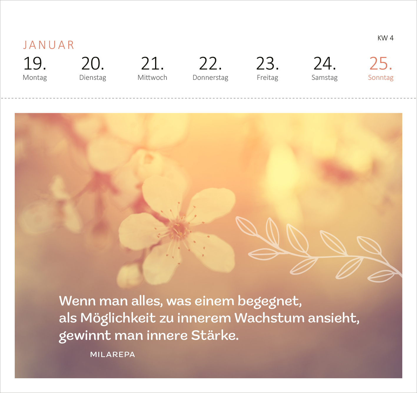 Gezeigt wird eine Innen- oder Zusatzansicht von „Postkartenkalender 365 Tage Achtsamkeit 2026“. Der Kalender präsentiert sich in sanften Pastelltönen mit einer beruhigenden Hintergrundgrafik von blühenden Blumen. Im Fokus steht ein Zitat von Milarepa, das in eleganter, moderner Typografie in Weiß abgedruckt ist. Über dem Zitat ist der Monat Januar und die Wochentage von Montag bis Sonntag in klarer, schlichter Schriftgestaltung aufgeführt. Die Gestaltung fördert ein Gefühl der...