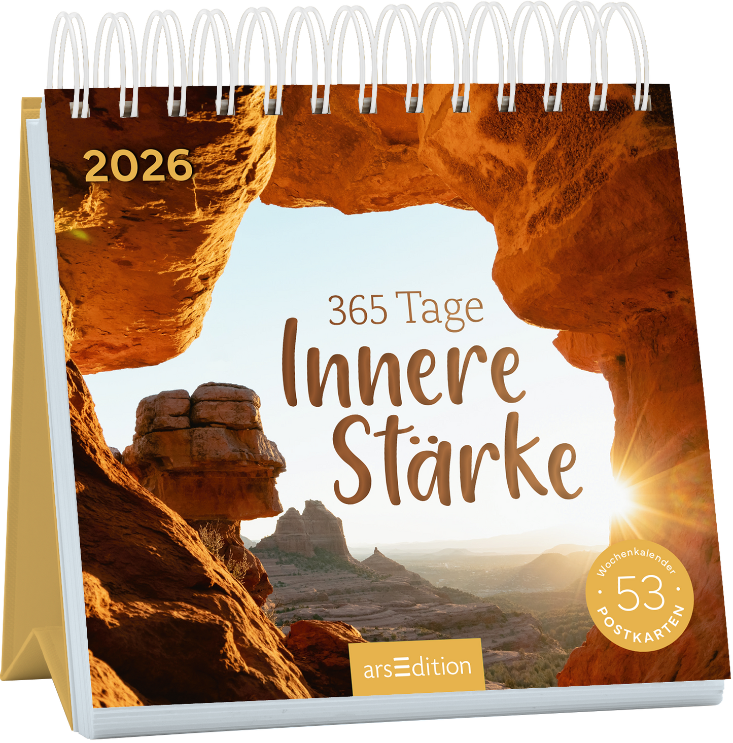 Das Buchcover zeigt eine atemberaubende Felslandschaft mit warmen, erdigen Farbtönen und einem strahlenden Sonnenlicht, das durch eine Felsöffnung bricht. Der Titel „365 Tage Innere Stärke“ ist in einer geschwungenen, freundlichen Schrift in Braun gehalten. Oben links ist das Jahr „2026“ abgebildet. Der Cover-Layout vermittelt ein Gefühl von Ruhe und Inspiration. Ganz unten mittig steht der Logoschriftzug von arsEdition.