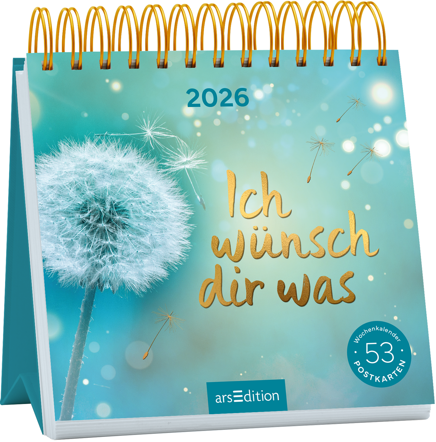 Das Buchcover zeigt einen spiralförmigen Kalender in sanften Aquatönen, dominiert von einem hellen, verschwommenen Pusteblumenmotiv. Darunter steht der Titel „Ich wünsch dir was“ in eleganter, goldglänzender Schrift. Oben links ist das Jahr 2026 abgedruckt. Im unteren Bereich befindet sich ein Hinweis auf 53 Postkarten. Ganz unten mittig steht der Logoschriftzug von arsEdition.