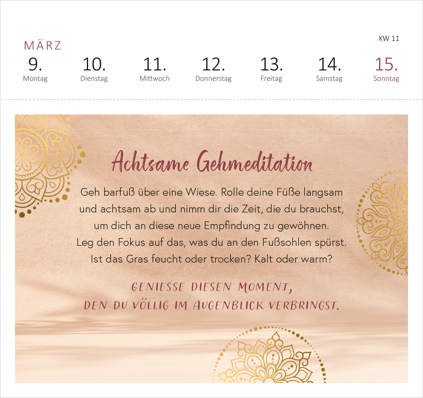 Gezeigt wird eine Innen- oder Zusatzansicht von „Postkartenkalender Yogaglück 2026“. Die Seite ist in sanften Rosé- und Goldtönen gehalten. Im oberen Bereich befinden sich die Wochentage in klarer, grauer Typografie. Der zentrale Text „Achtsame Gehmeditation“ ist in geschwungener, roter Schrift verfasst und umgeben von filigranen, goldenen Mandala-Motiven. Der Text bietet eine einladende Anleitung zur Achtsamkeitsübung, um den Moment bewusst zu erleben.