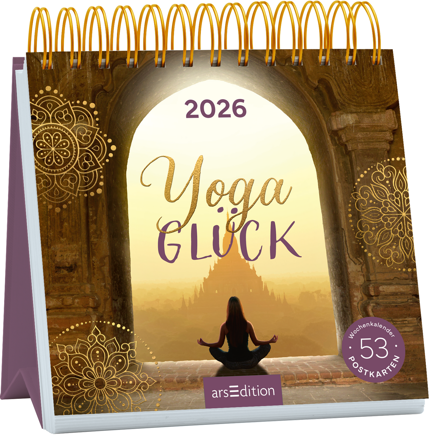 Das Buchcover zeigt eine friedliche Yogini in Meditationshaltung vor einem großen Torbogen, durch den ein sanfter goldener Lichtschein strahlt. Der Hintergrund zeigt eine silhouettehafte Tempelarchitektur im Dämmerlicht. Der Titel „Yoga GLÜCK“ ist in geschwungener, goldener Schrift und einer sanften lila Schriftfarbe gestaltet und vermittelt eine harmonische Atmosphäre. Oben wird das Jahr „2026“ angezeigt. Rechts unten befindet sich der Hinweis „Wochenkalender 53 Postkarten“....