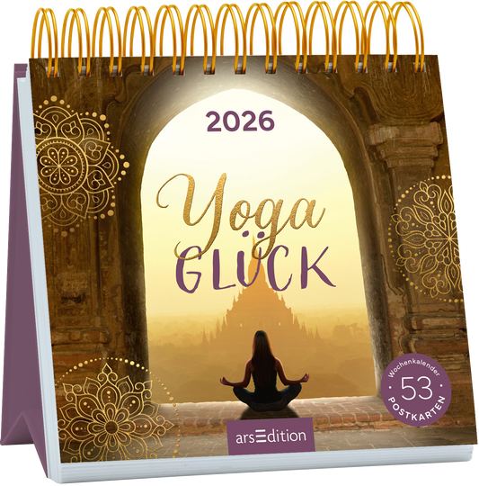 Das Buchcover zeigt eine friedliche Yogini in Meditationshaltung vor einem großen Torbogen, durch den ein sanfter goldener Lichtschein strahlt. Der Hintergrund zeigt eine silhouettehafte Tempelarchitektur im Dämmerlicht. Der Titel „Yoga GLÜCK“ ist in geschwungener, goldener Schrift und einer sanften lila Schriftfarbe gestaltet und vermittelt eine harmonische Atmosphäre. Oben wird das Jahr „2026“ angezeigt. Rechts unten befindet sich der Hinweis „Wochenkalender 53 Postkarten“....