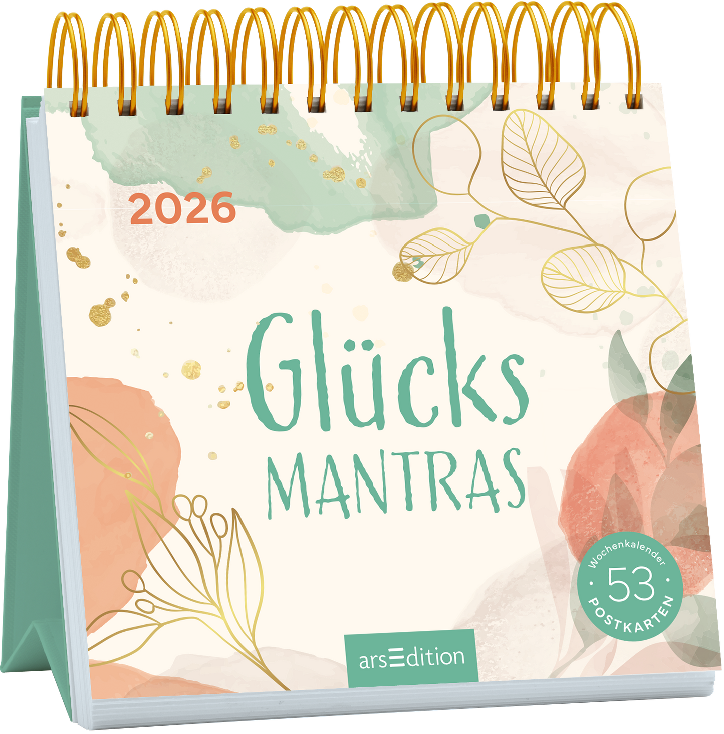 Das Buchcover zeigt einen spiralförmigen Wochenkalender in sanften Pastelltönen, dominiert von mintgrünen und rosafarbenen Wasserfarben. Der Titel „Glücks Mantras“ ist in einer verspielten, großen Schrift in mintgrün gestaltet. Im oberen Bereich befindet sich die Jahreszahl „2026“ in kräftigem orange. Goldene Akzente und zarte Pflanzenillustrationen verleihen dem Cover eine harmonische Atmosphäre. In der unteren rechten Ecke ist ein Button mit dem Text „53 Postkarten“ zu...