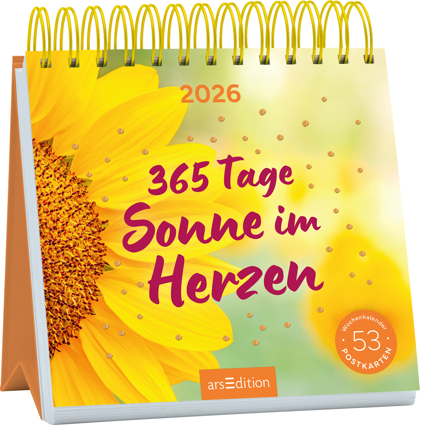 Das Cover zeigt eine große, leuchtende Sonnenblume mit sanften Gelbtönen und einer warmen, grünen Hintergrundgestaltung. Darauf steht in kräftiger, lila Schrift „365 Tage Sonne im Herzen“, flankiert von der Jahreszahl „2026“ in leuchtendem Orange. Im unteren rechten Bereich befindet sich ein runder Button mit dem Text „53 Postkarten“. Ganz unten mittig steht der Logoschriftzug von arsEdition.