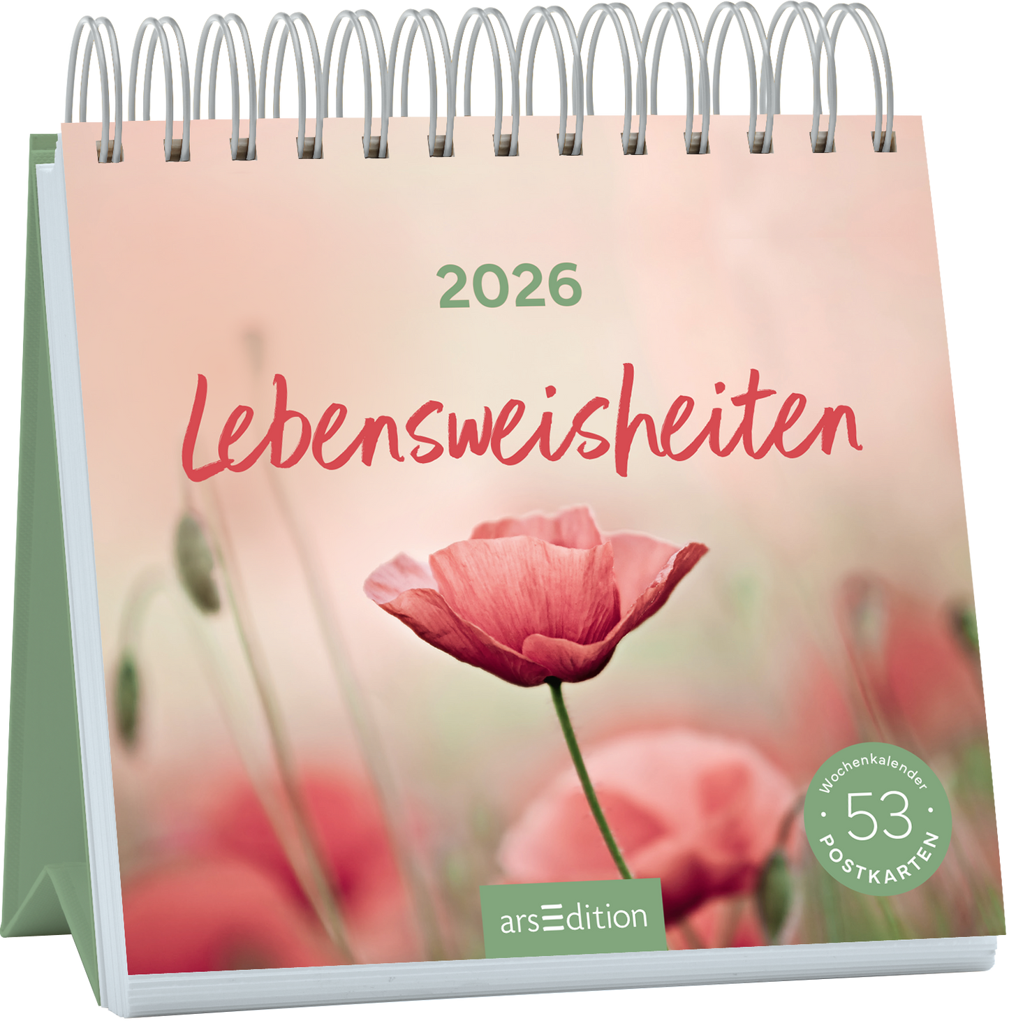 Auf dem Buchcover ist ein sanfter, rosafarbener Hintergrund mit verschwommenen Blumenmotiven zu sehen. In der oberen Mitte steht das Jahr „2026“ in einer klaren, modernen Schrift. Darunter ist in einer lockeren, handschriftlichen Typografie der Titel „Lebensweisheiten“ platziert, der in einem kräftigen Rotton hervorsticht. In der unteren rechten Ecke befindet sich ein runder Button mit der Aufschrift „53 Postkarten“. Ganz unten mittig steht der Logoschriftzug von arsEdition.