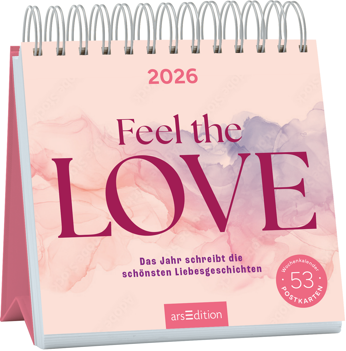Auf dem Cover für den Kalender „Feel the LOVE“ ist der Titel in großen, eleganten, burgunderroten Buchstaben gestaltet, wobei das Wort „LOVE“ auffällt, da es überdimensional und in einer verspielten Schriftart steht. Der Hintergrund zeigt sanfte, pastellfarbene Aquarellsplashes in hellen Rosa- und Lilatönen, die eine romantische und verträumte Atmosphäre erzeugen. Unterhalb des Titels steht der Untertitel „Das Jahr schreibt die schönsten Liebesgeschichten“. Oben links ist...