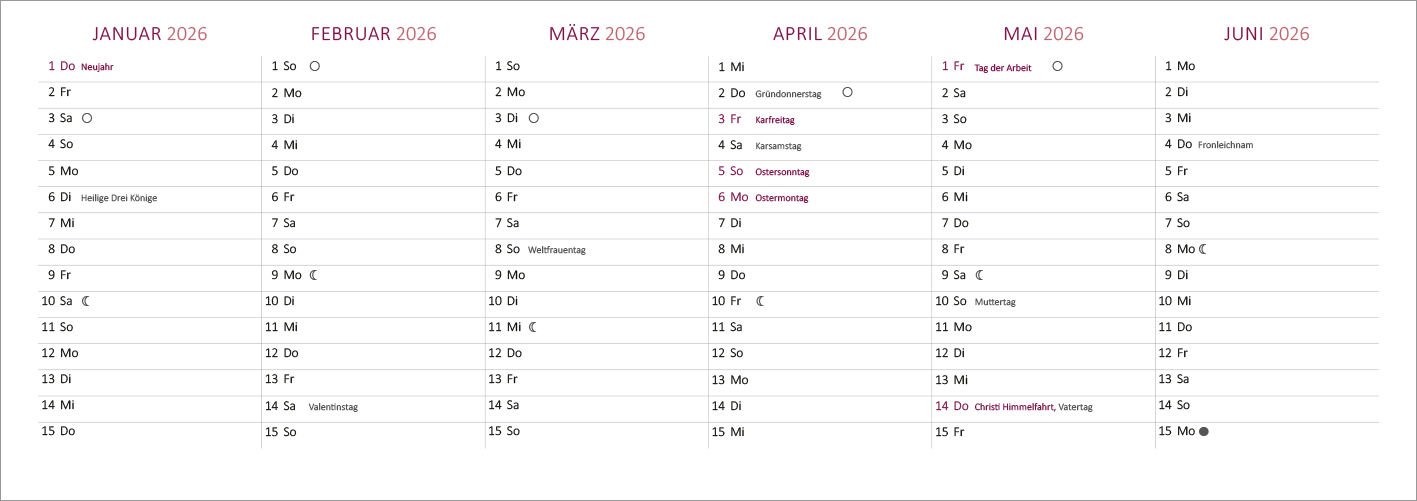 Gezeigt wird eine Innen- oder Zusatzansicht von „Tischkalender Lebensweisheiten 2026“. Die Ansicht zeigt die Monate von Januar bis Juni 2026. Die Farbpalette ist in sanften Tönen gehalten, mit rosa und burgunderfarbenen Akzenten. Die Tage sind in klarer, gut lesbarer Typografie angeordnet, wobei Wochenenden und Feiertage hervorgehoben sind. Jeder Monat ist übersichtlich gegliedert und bietet ausreichend Platz für Notizen, was die Usability erhöht.