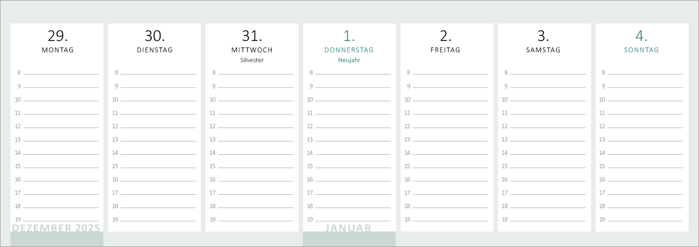Gezeigt wird eine Innen- oder Zusatzansicht von „Tischkalender Lebensweisheiten 2026“. Die Ansicht zeigt mehrere Spalten für die Wochentage, beginnend mit Dezember 2025 und übergehend in Januar 2026. Die Gestaltung ist schlicht mit viel Weißraum, wobei die Wochentage in dunklem Grau und die Daten in schwarzer Schrift dargestellt sind. Die Monatsüberschrift ist in hellem Türkis gehalten. Die Schriftart ist modern und klar lesbar, wodurch die optimale Nutzung für Notizen gewährleistet...