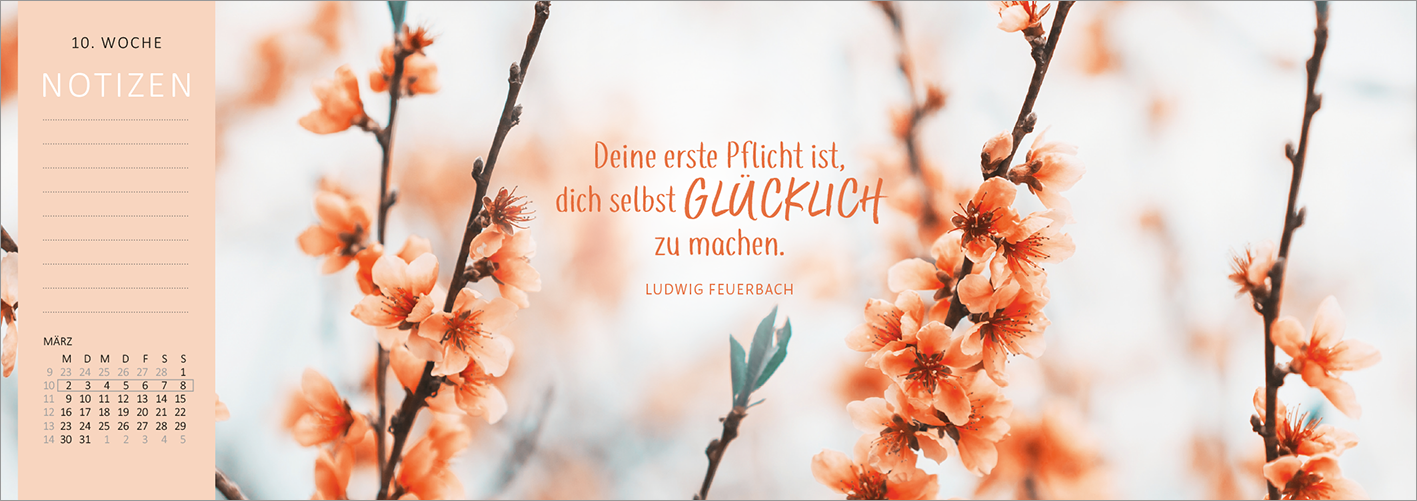 Gezeigt wird eine Innen- oder Zusatzansicht von „Tischkalender Heute ist mein Lieblingstag! 2026“. Die Seite präsentiert zarte, blühende Zweige in sanften Orangetönen auf einem hellen Hintergrund. In der Mitte steht der inspirierende Spruch „Deine erste Pflicht ist, dich selbst GLÜCKLICH zu machen“ in ansprechender, eleganter Schriftart. Darunter ist der Name des Autors, Ludwig Feuerbach, in kleinerer Schrift platziert. Links befindet sich ein Bereich für Notizen, farblich...
